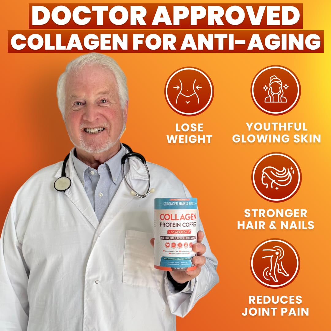 Skinny Coffee SuperBoost cucharada de colágeno, muestra la dosis para nutrición y vitalidad.