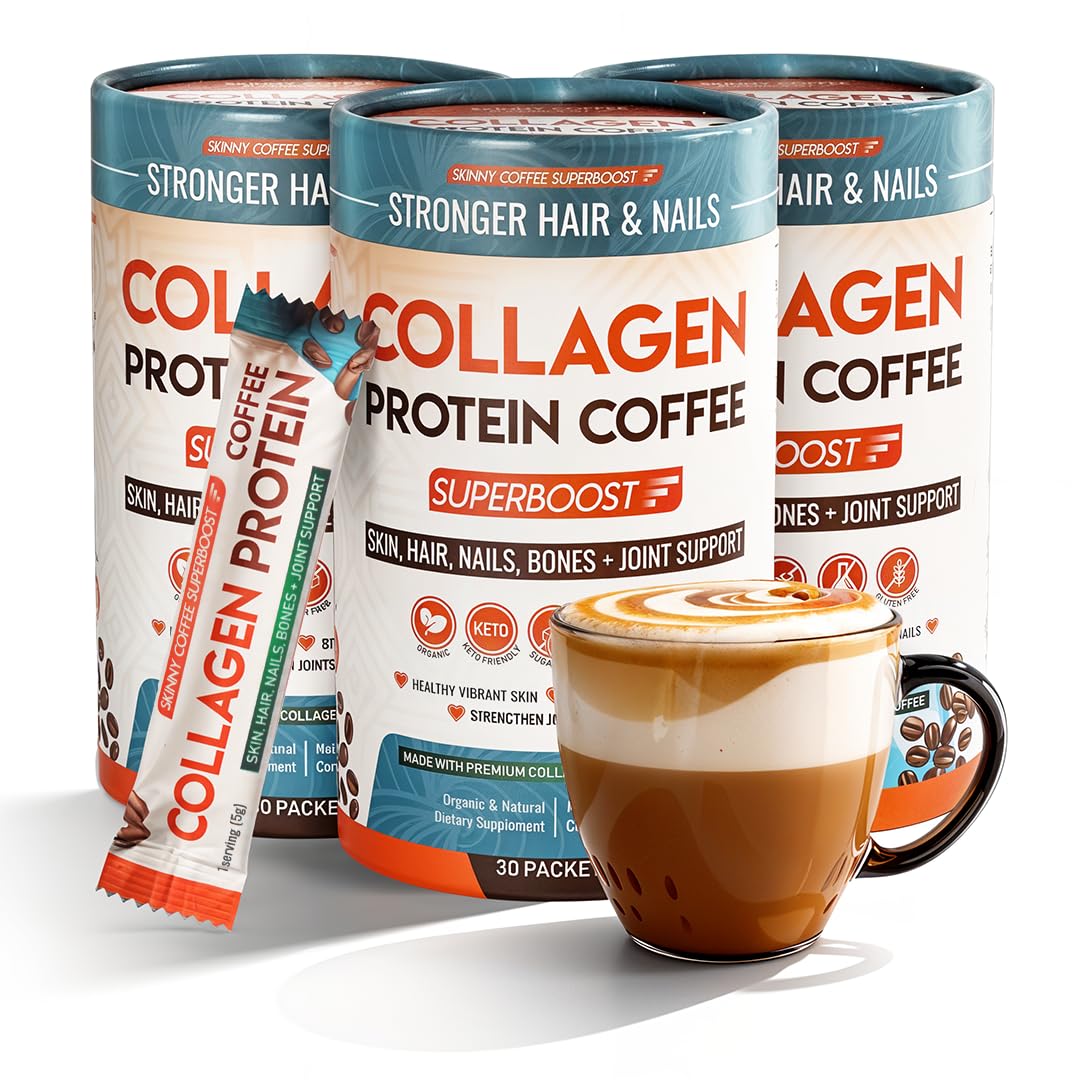 Skinny Coffee SuperBoost muestra una taza de café con colágeno para energía sostenida