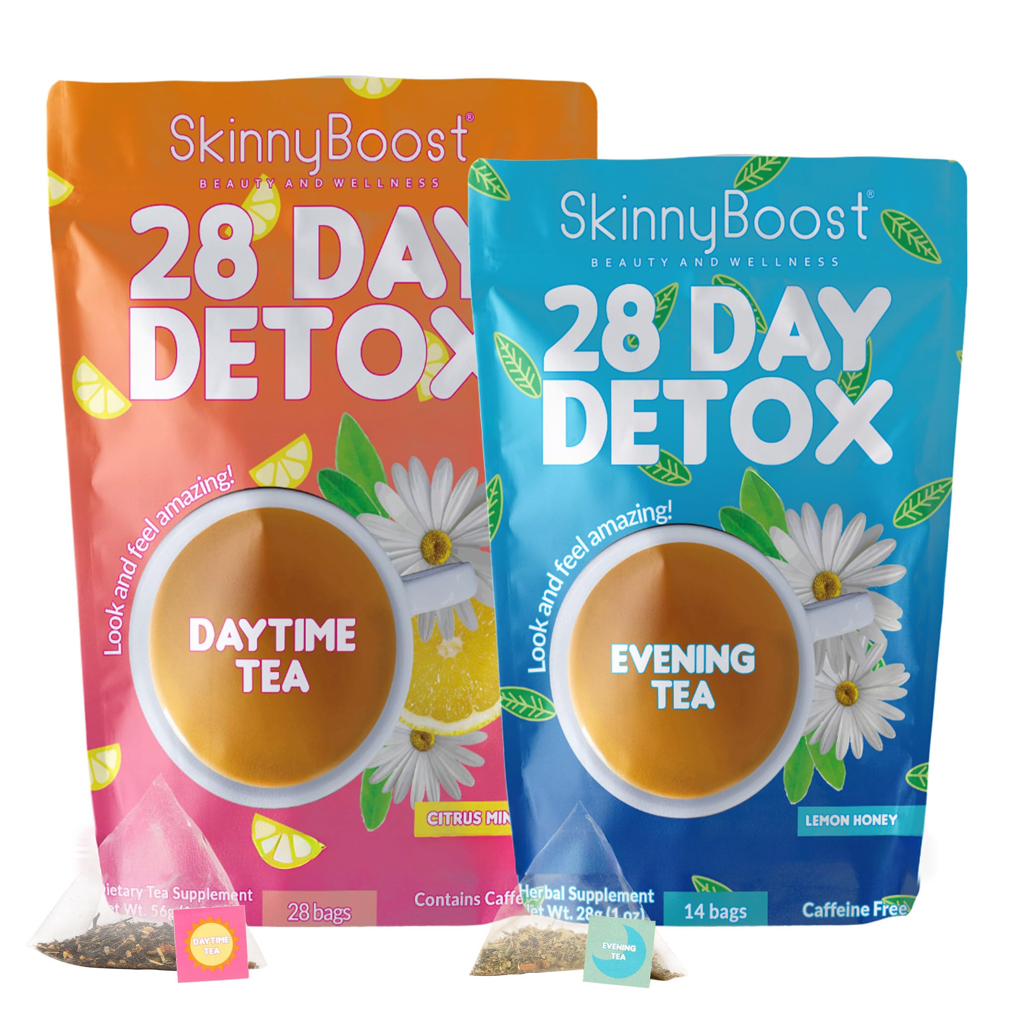 SkinnyBoost caja de té desintoxicante diurno 28 bolsas para empezar la rutina saludable.