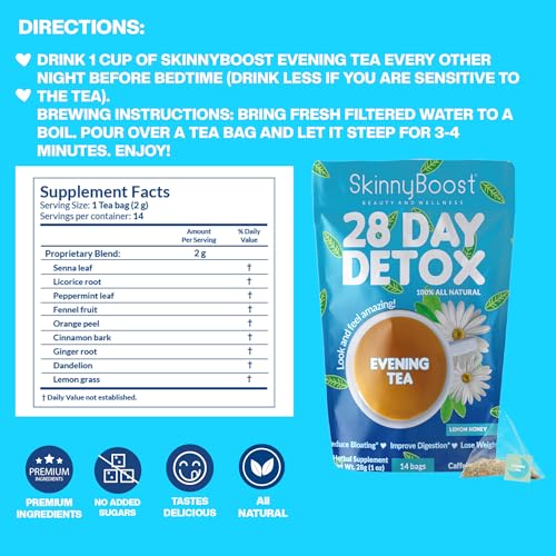 SkinnyBoost caja de té desintoxicante nocturno 14 bolsas para una digestión ligera.