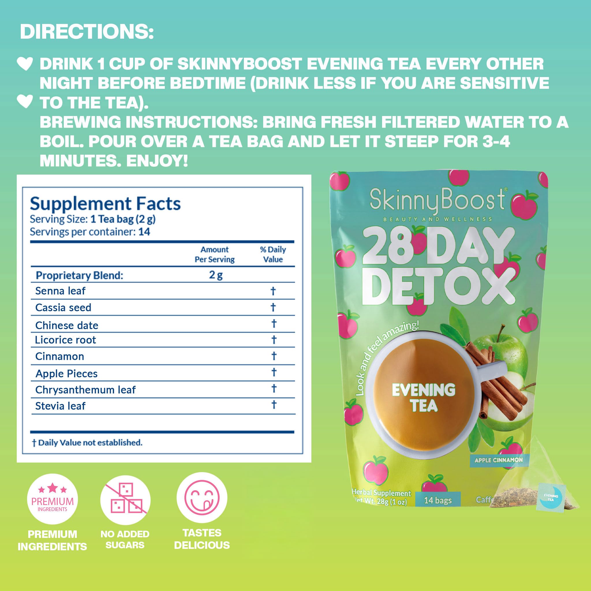 SkinnyBoost Día: ingredientes clave como té verde para energía natural.