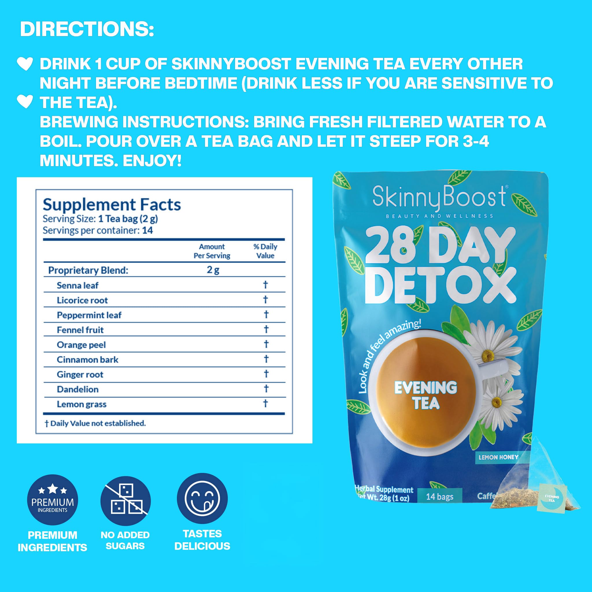 Preparación en taza con SkinnyBoost té para infusión nocturna.