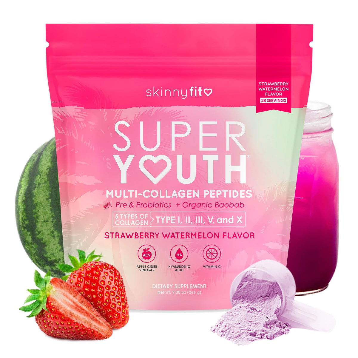 SkinnyFit Super Youth Colágeno pote visual muestra el envase para uso diario.