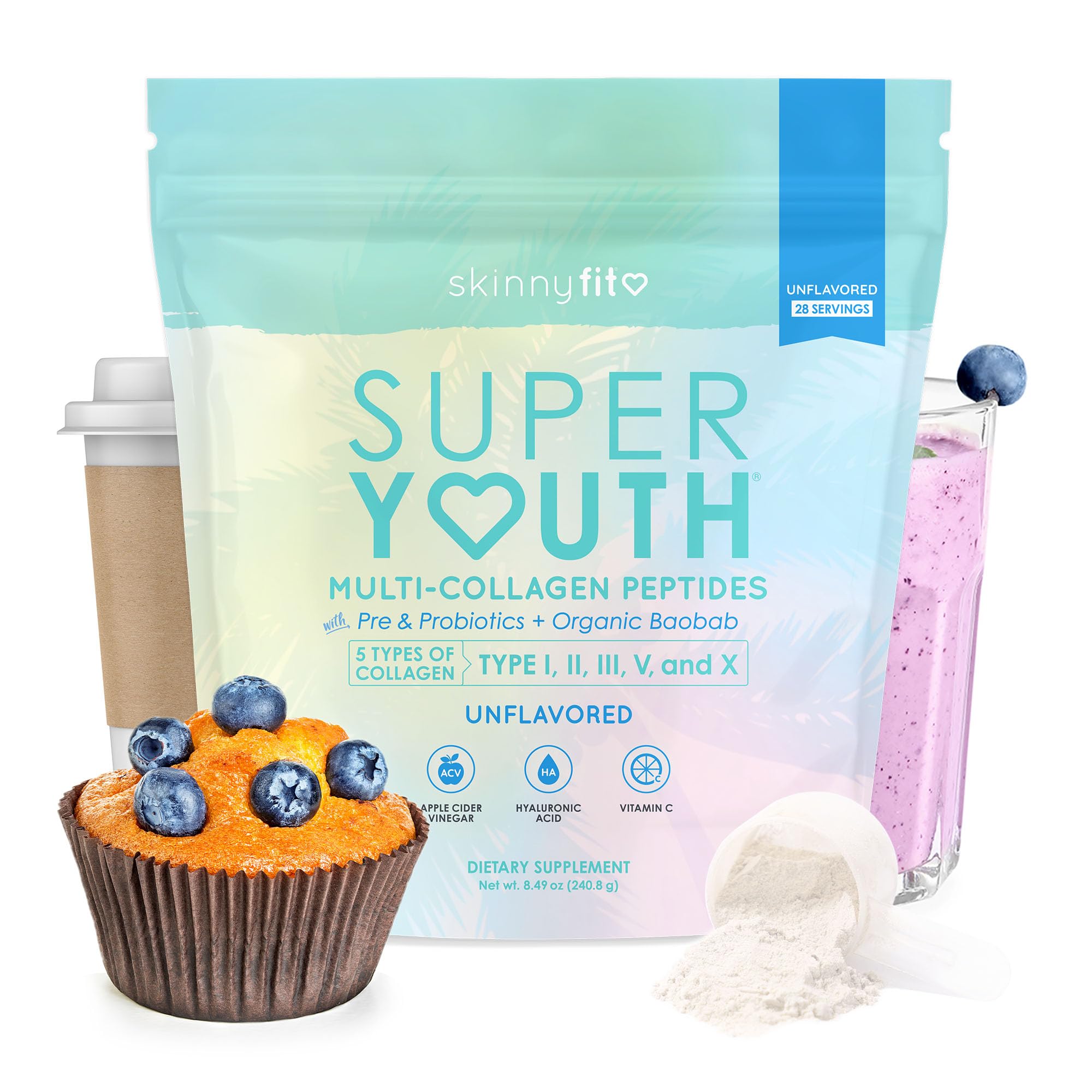 SkinnyFit Super Youth Collagen en pote; ayuda a mantener piel flexible y articulaciones sanas.