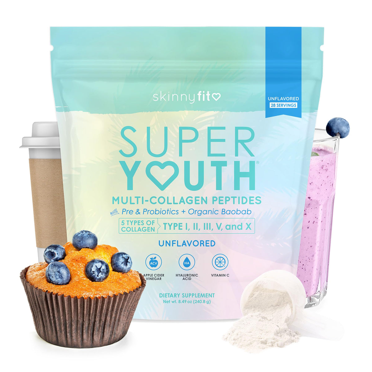 SkinnyFit Super Youth Collagen en pote; ayuda a mantener piel flexible y articulaciones sanas.