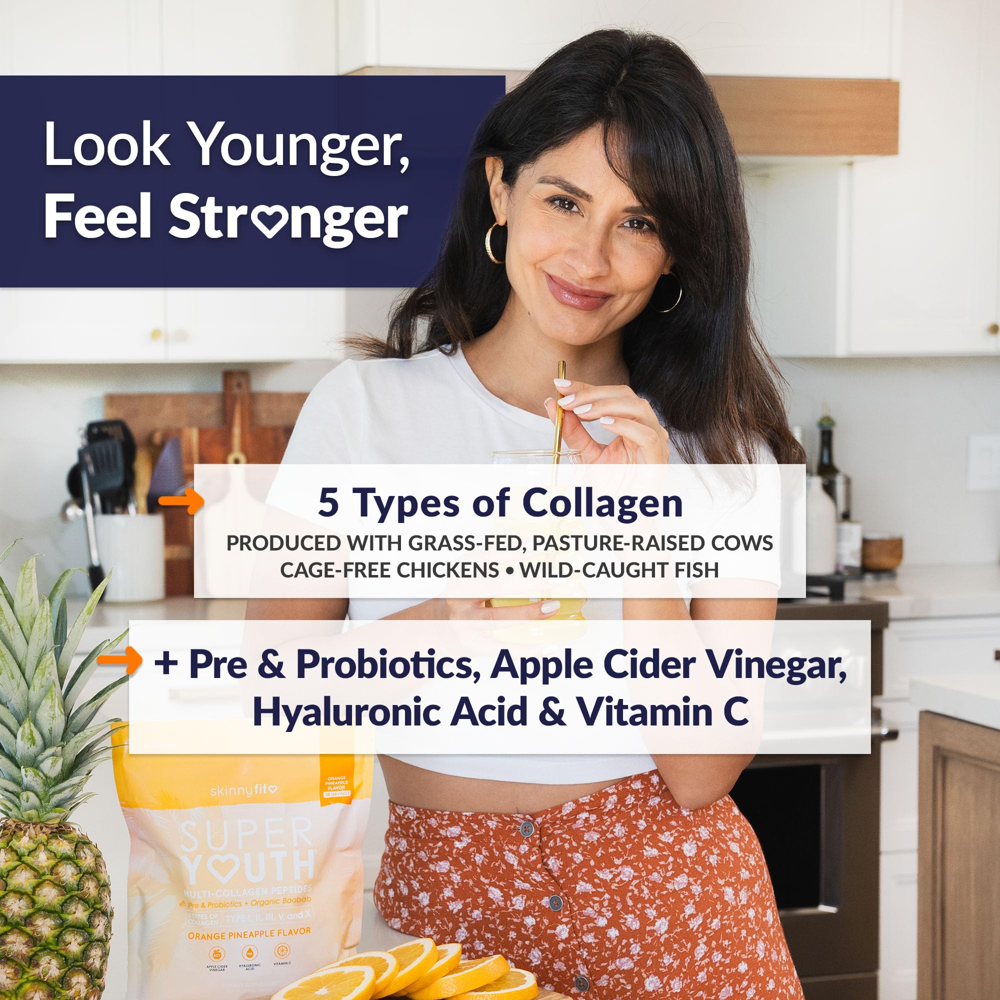 SkinnyFit Super Youth etiqueta detalle, información clara de ingredientes y beneficios.