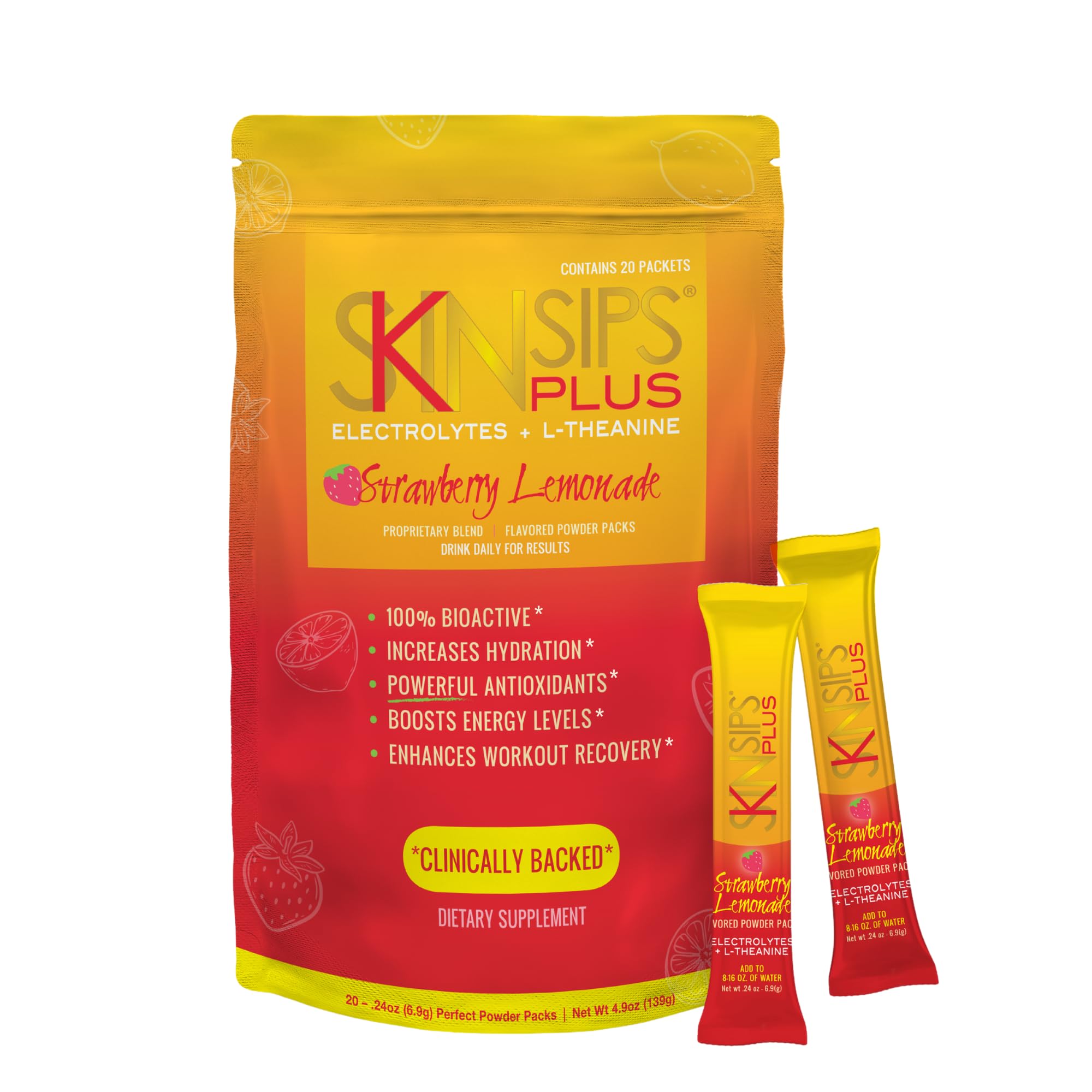 SkinSips Plus polvo de electrolitos sabor fresa limón para hidratación diaria