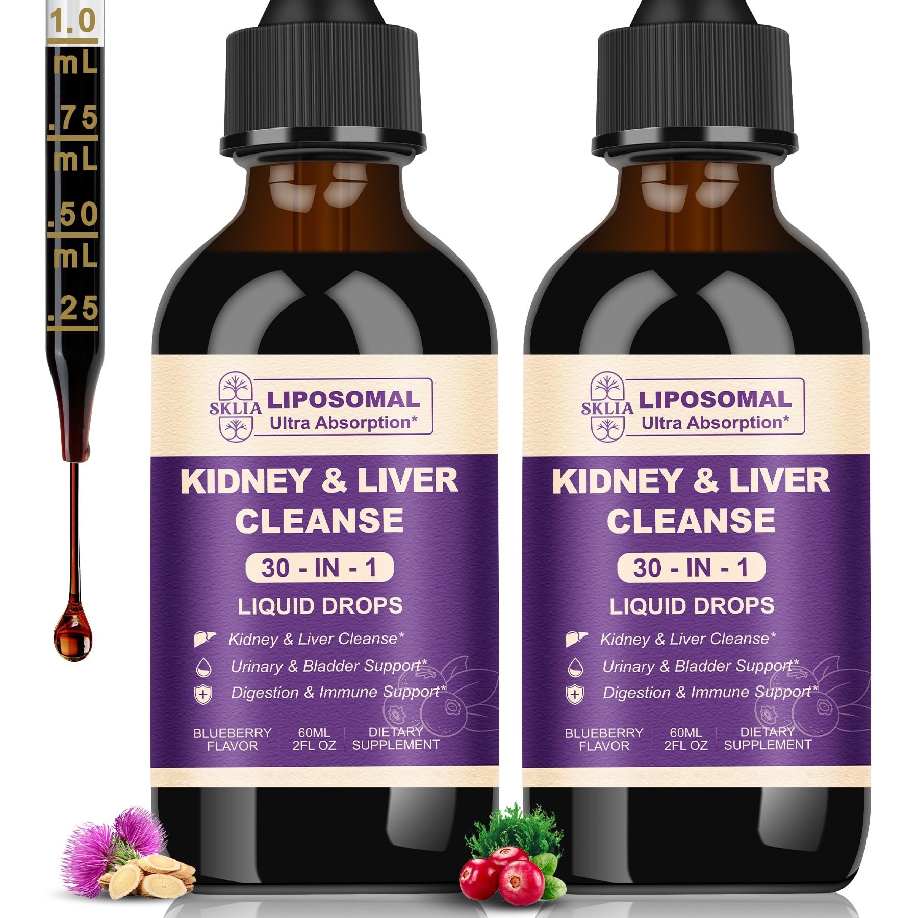 SKLIA 30-en-1 drops botella frontal: apoyo diario para hígado y riñones con sabor arándano