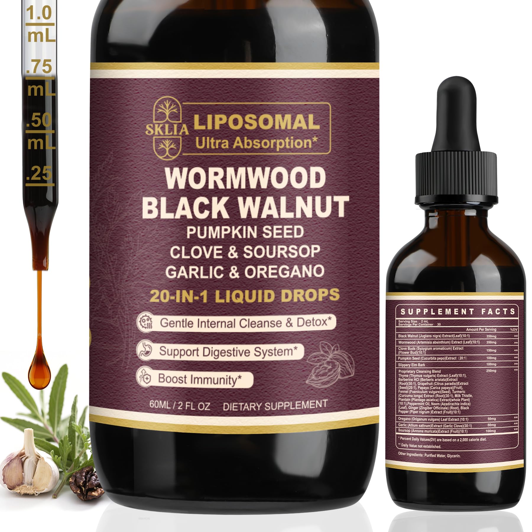SKLIA liposomal Wormwood Black Walnut botella volcada para iniciar la rutina digestiva