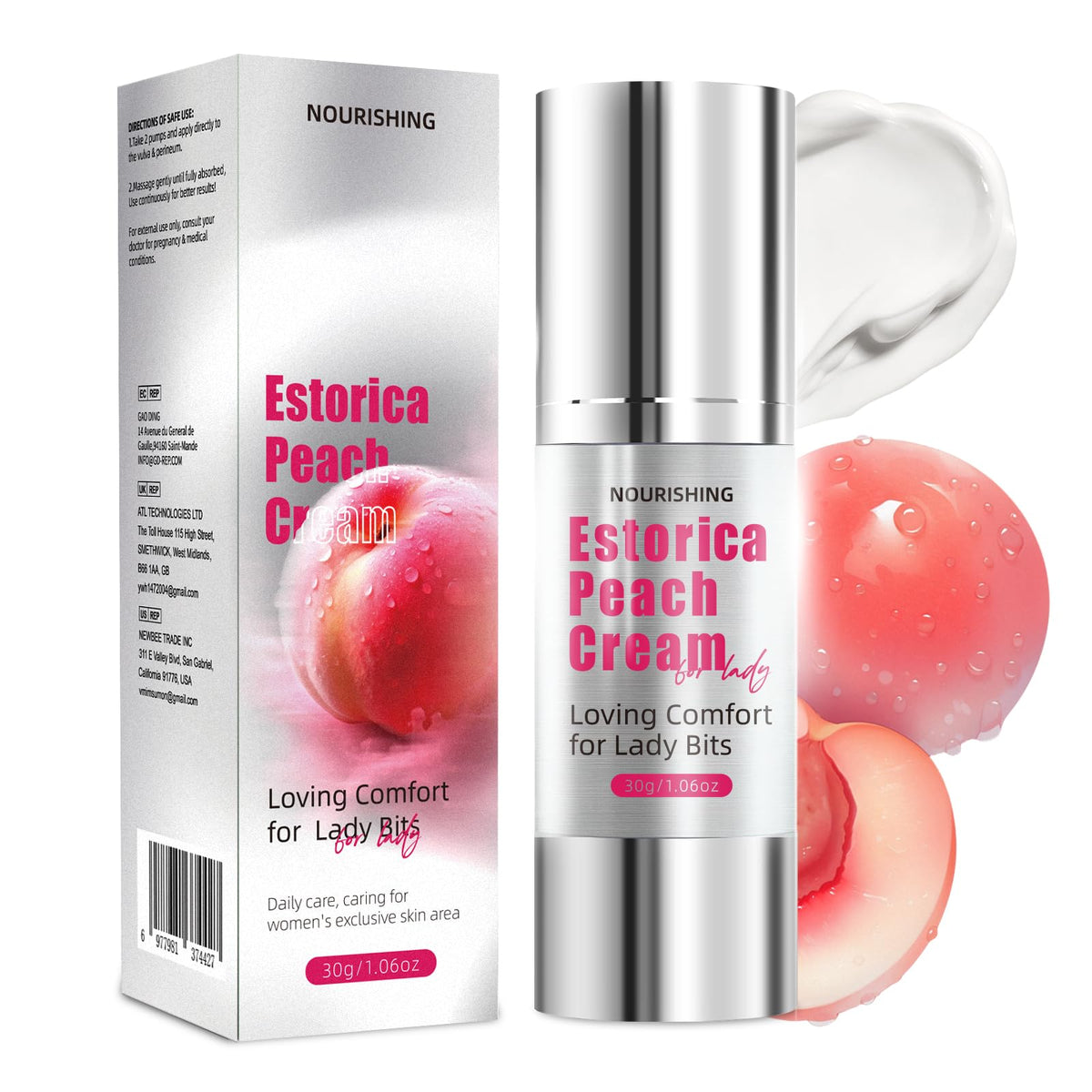 SKSOYT Estorica Peach Comfort Cream: frente del frasco, hidratación suave para el cuidado íntimo diario.