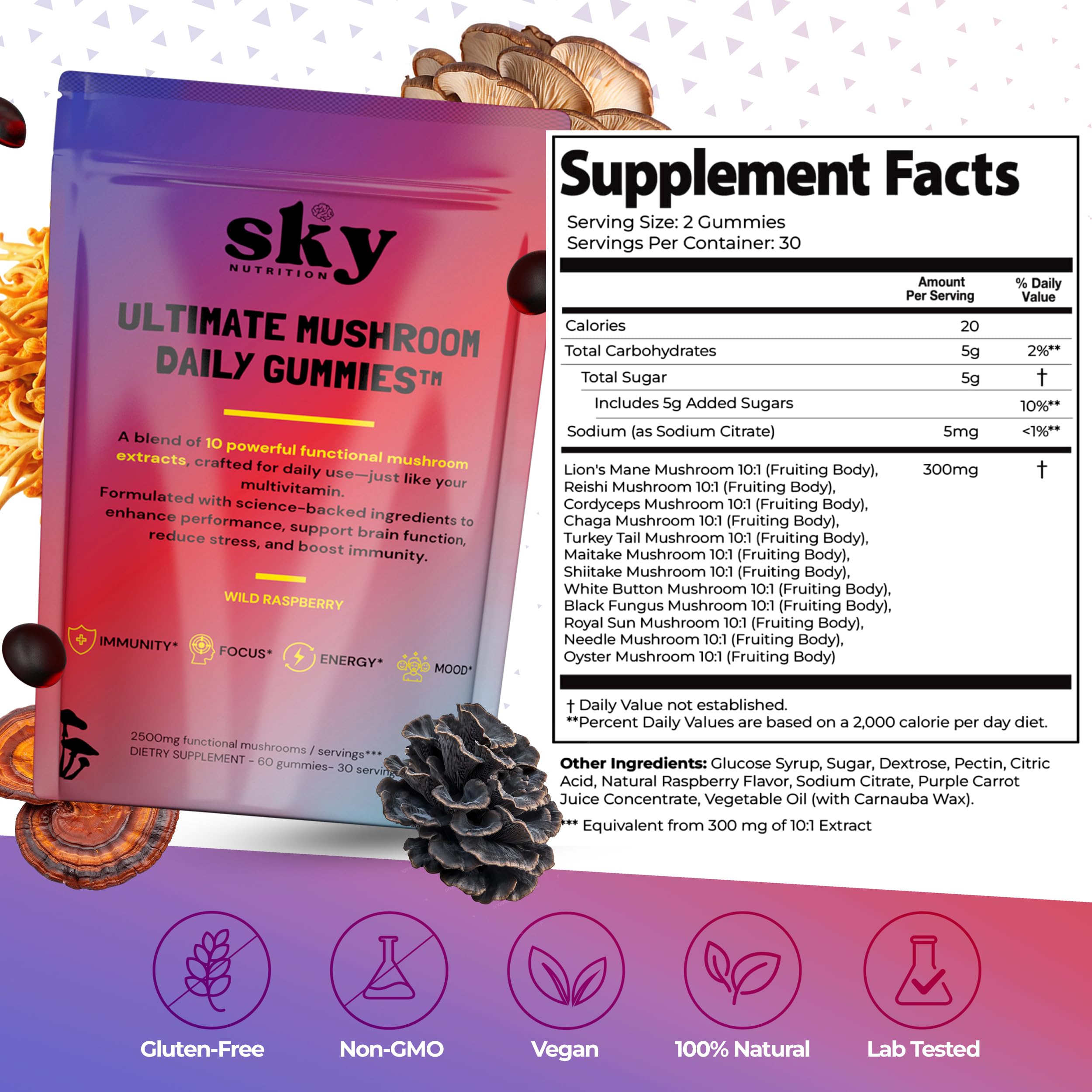 Etiqueta de las gomitas SKY NUTRITION con detalles de ingredientes.