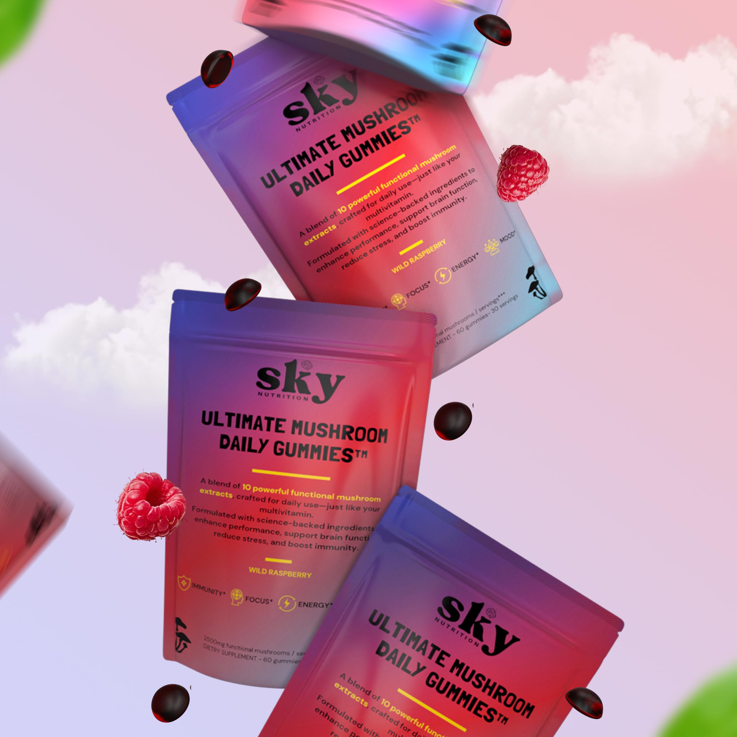 Presentación compacta de SKY NUTRITION gomitas hongos en estante.