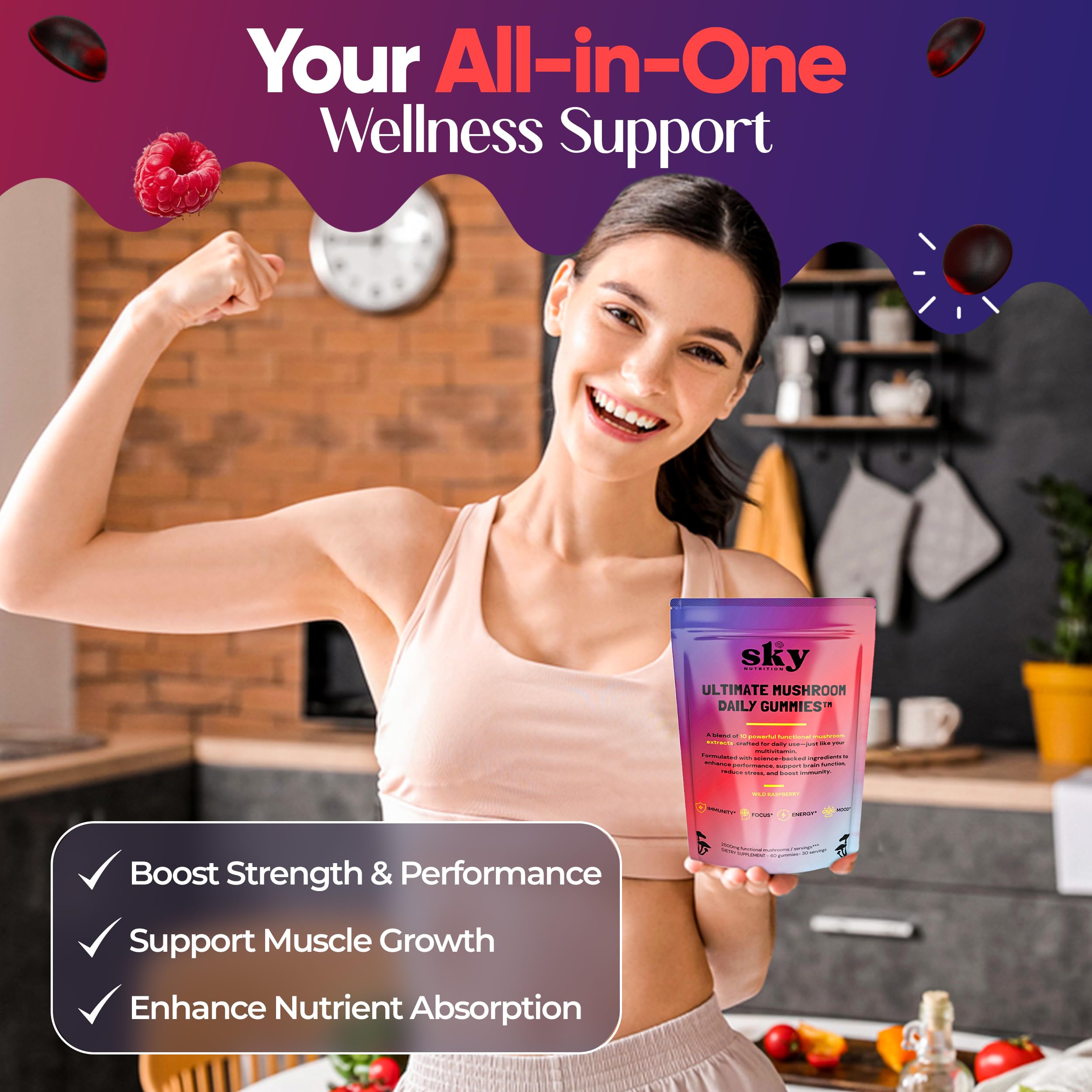 Uso de SKY NUTRITION para vida activa con gomitas de hongos.
