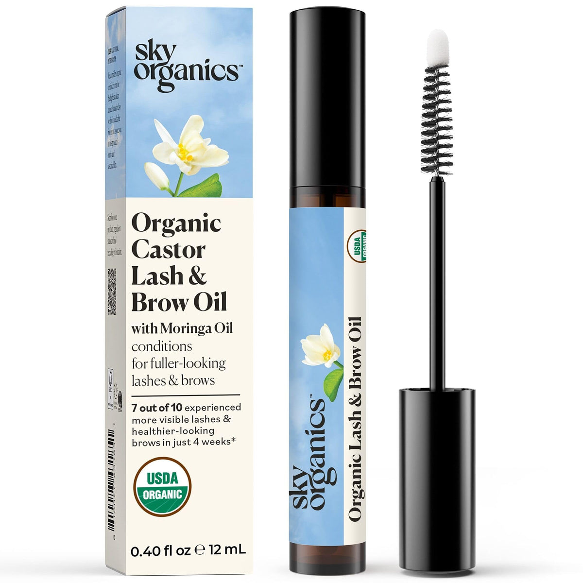 Serum Sky Organics para pestañas y cejas en botella, aspecto más lleno