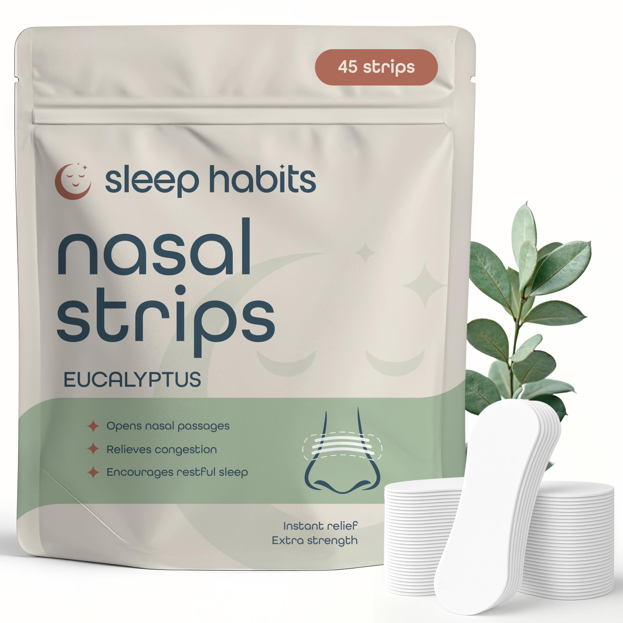 Sleep Habits tiras nasales 45pc en empaque, listas para mejorar la respiración nocturna