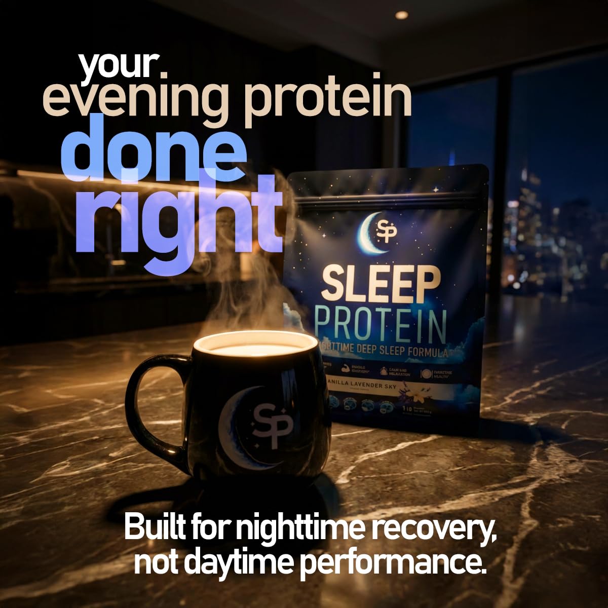 SleepProtein mezcla con agua: preparación rápida para una noche de descanso.