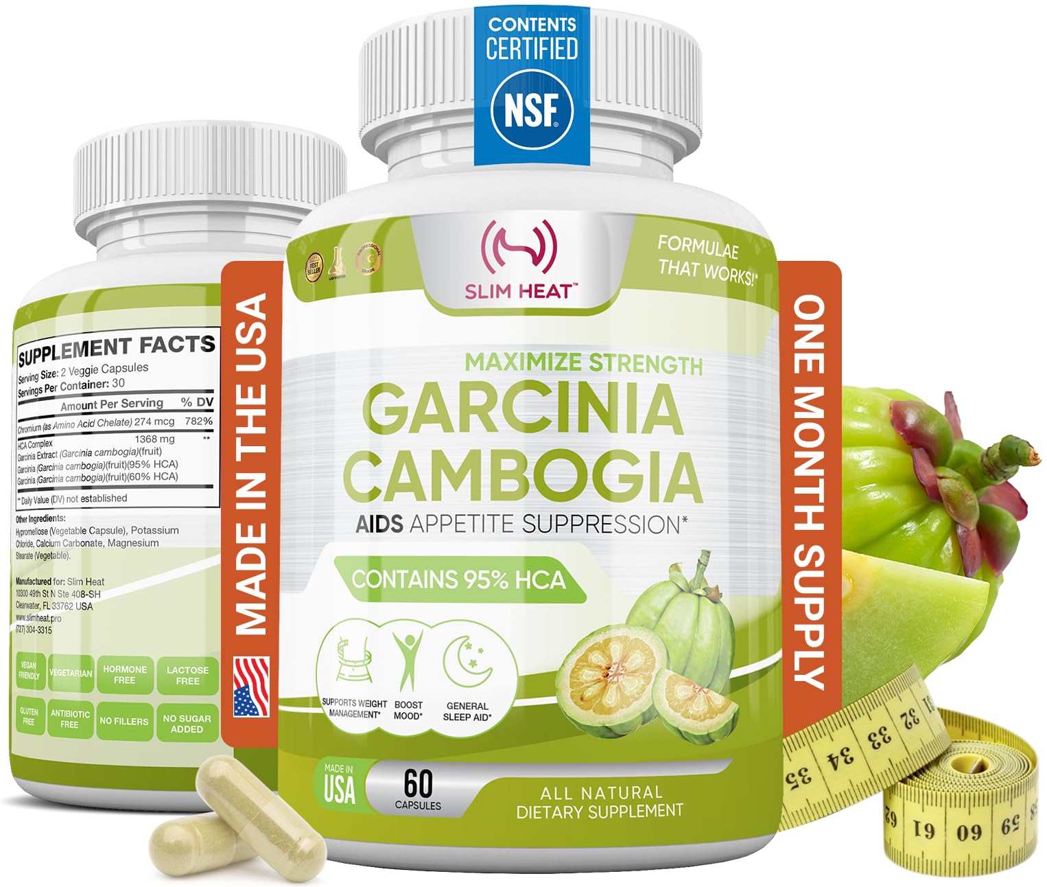 Botella de Slim Heat con cápsulas de Garcinia Cambogia para apoyar posibles antojos.