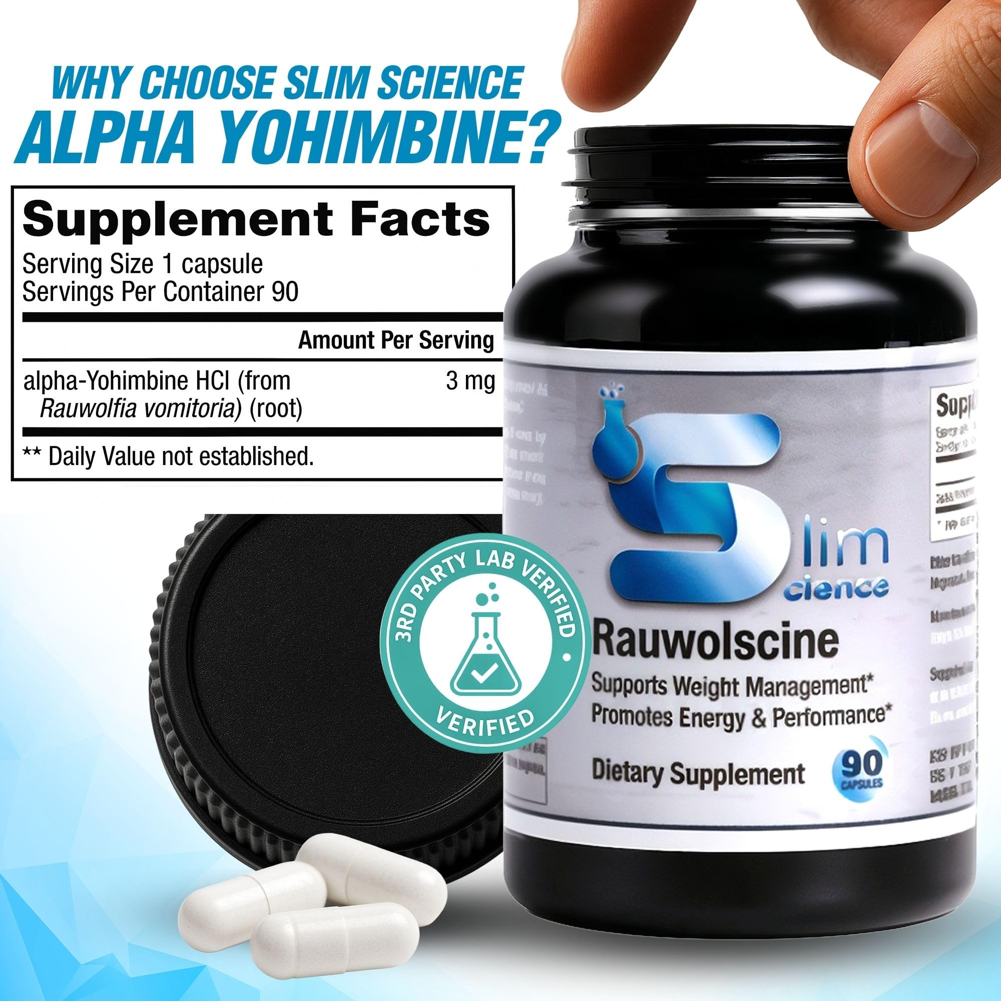 Slim Science Rauwolscine Yohimbine HCL: cápsulas en mano para concentrarse