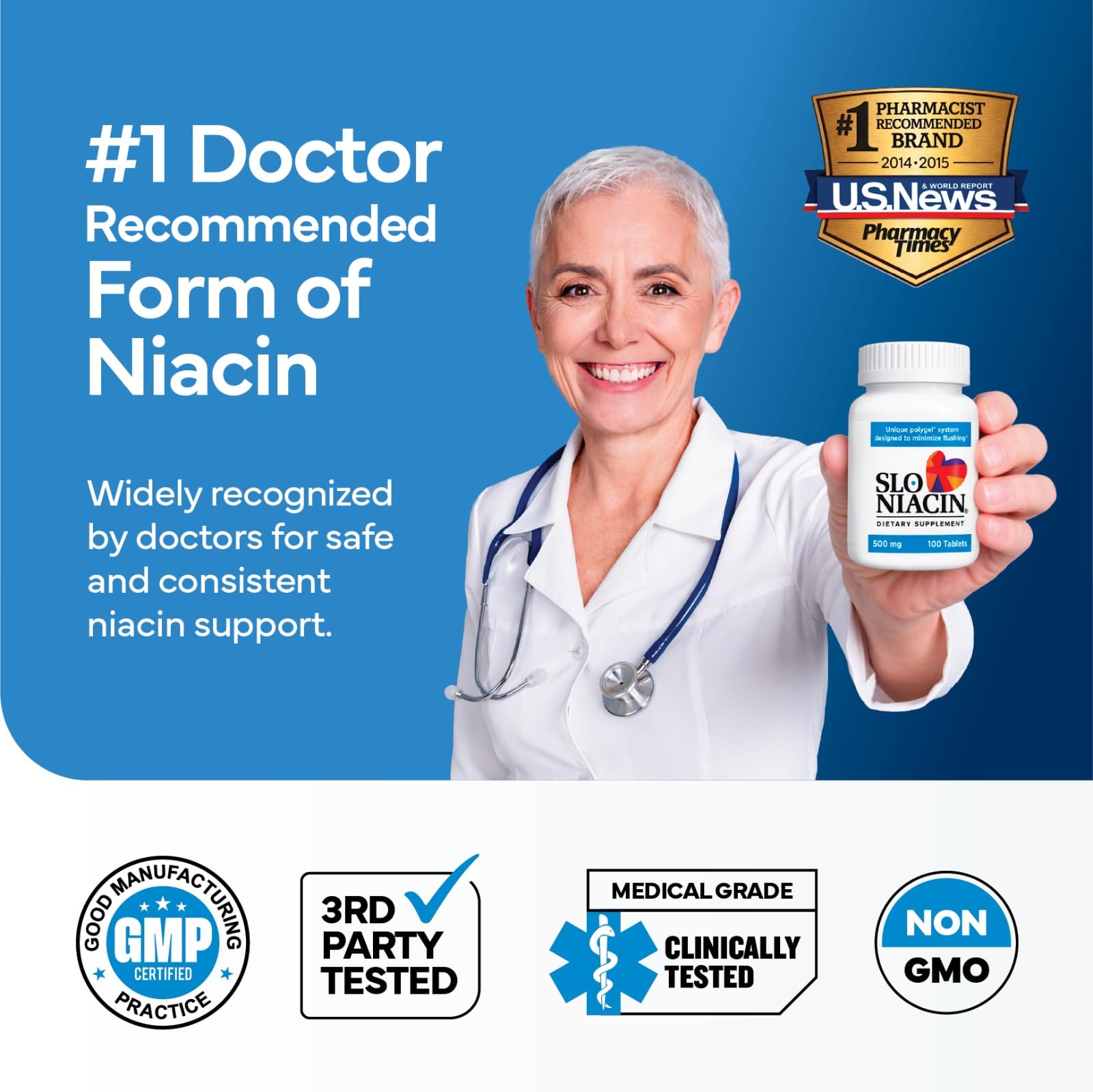 Tabletas Slo-Niacin para dosis diaria conveniente.