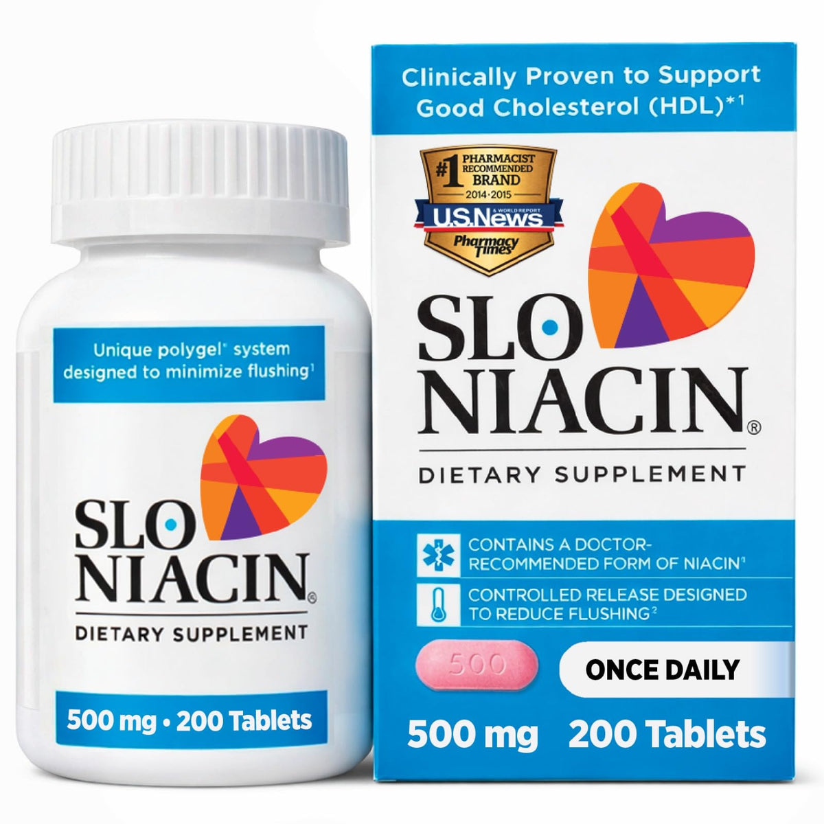 Slo-Niacin 500 mg en blíster, uso diario.