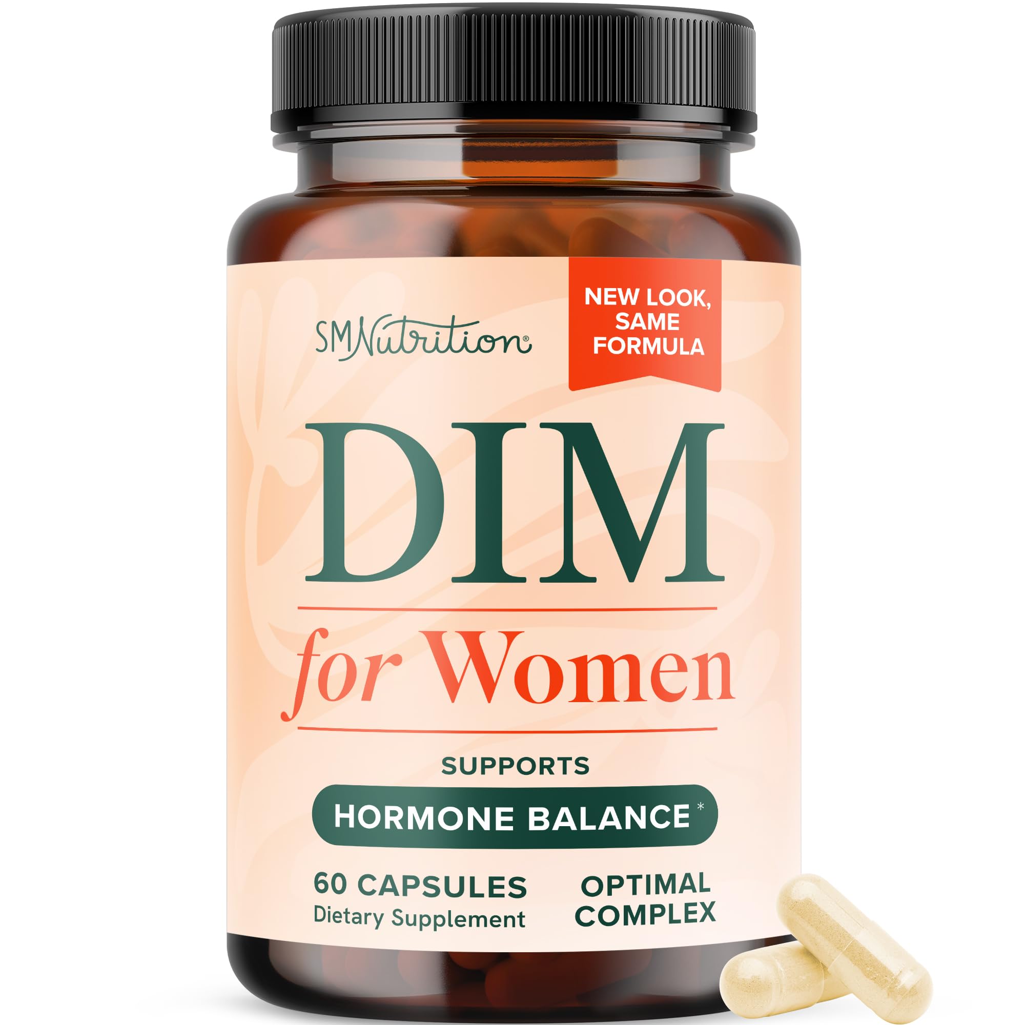 SMNutrition DIM para mujeres, frasco mostrando dosis y posible equilibrio hormonal