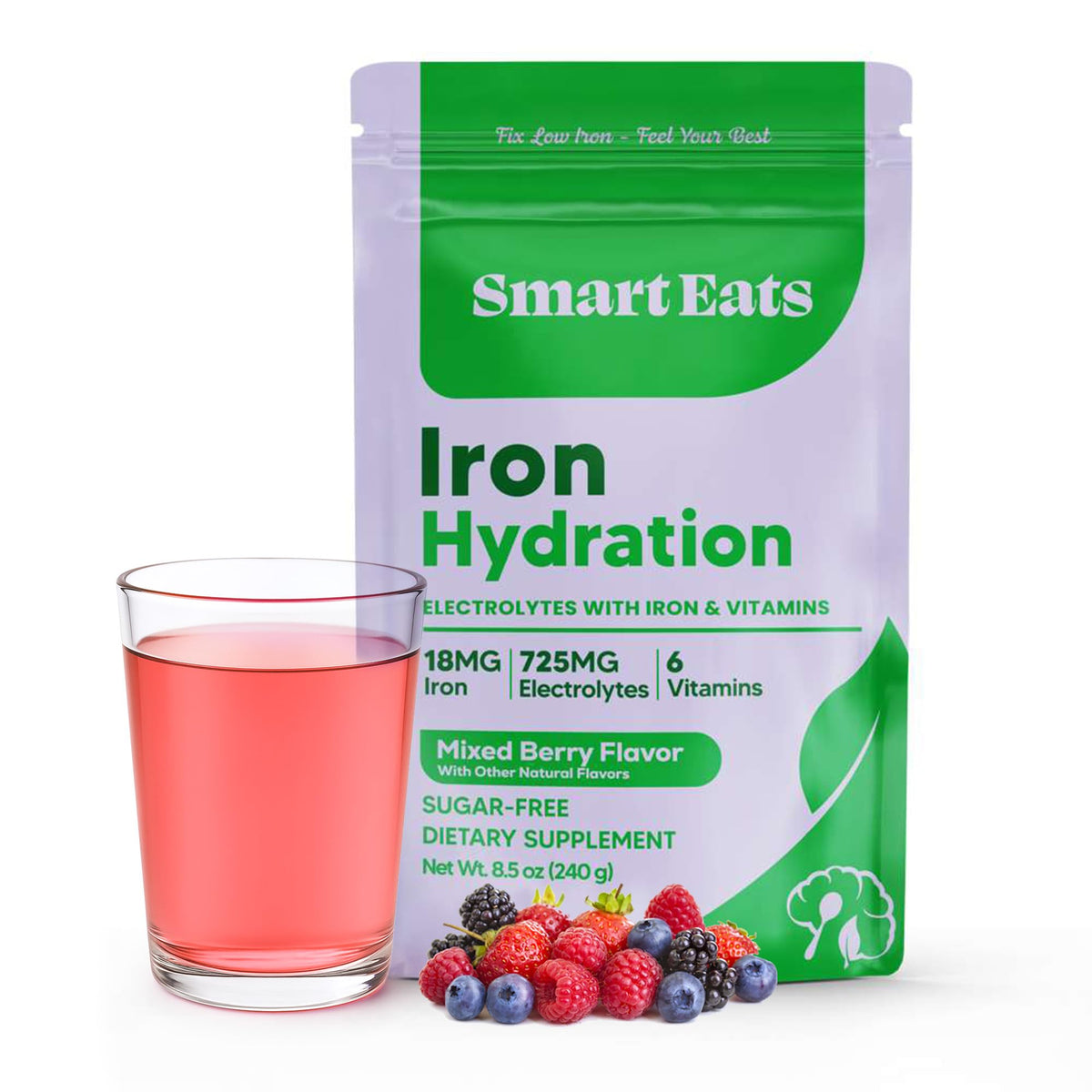 Smart Eats hierro con electrolito: polvo en botella para hidratación rápida.