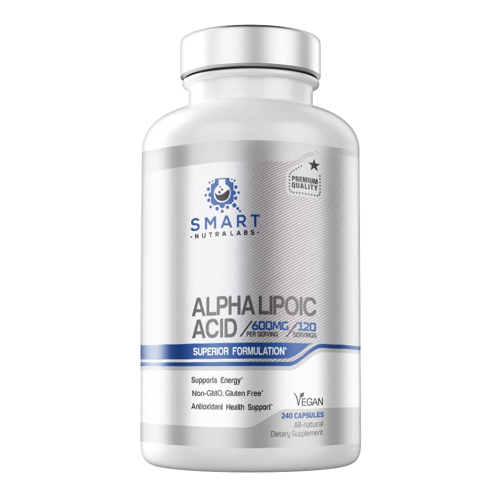 Smart Nutra Labs alfa lipoico 600mg, cápsulas veganas, fáciles de tragar para uso diario.
