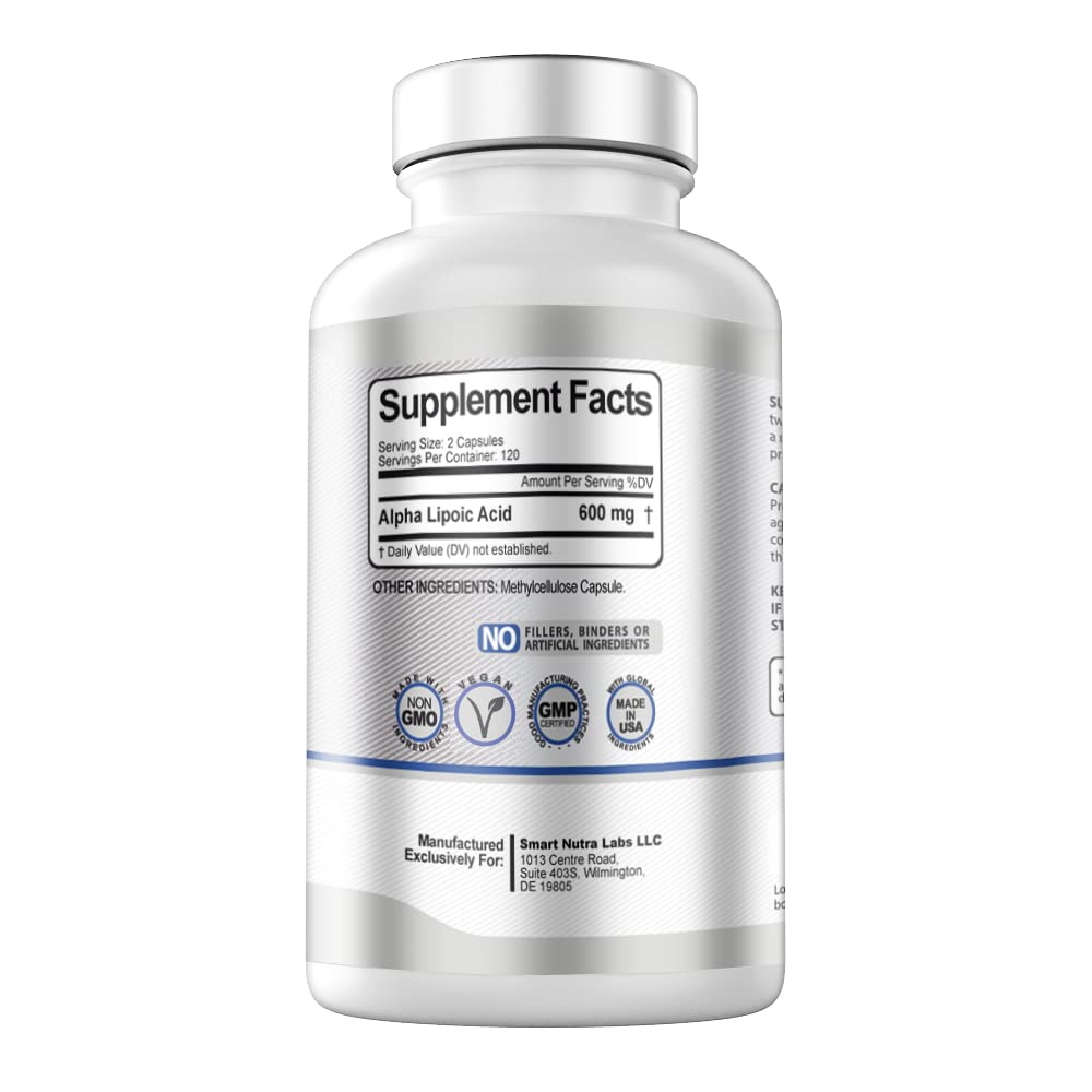 Smart Nutra Labs alfa lipoico 600mg, etiqueta detallada con información clara de ingredientes.