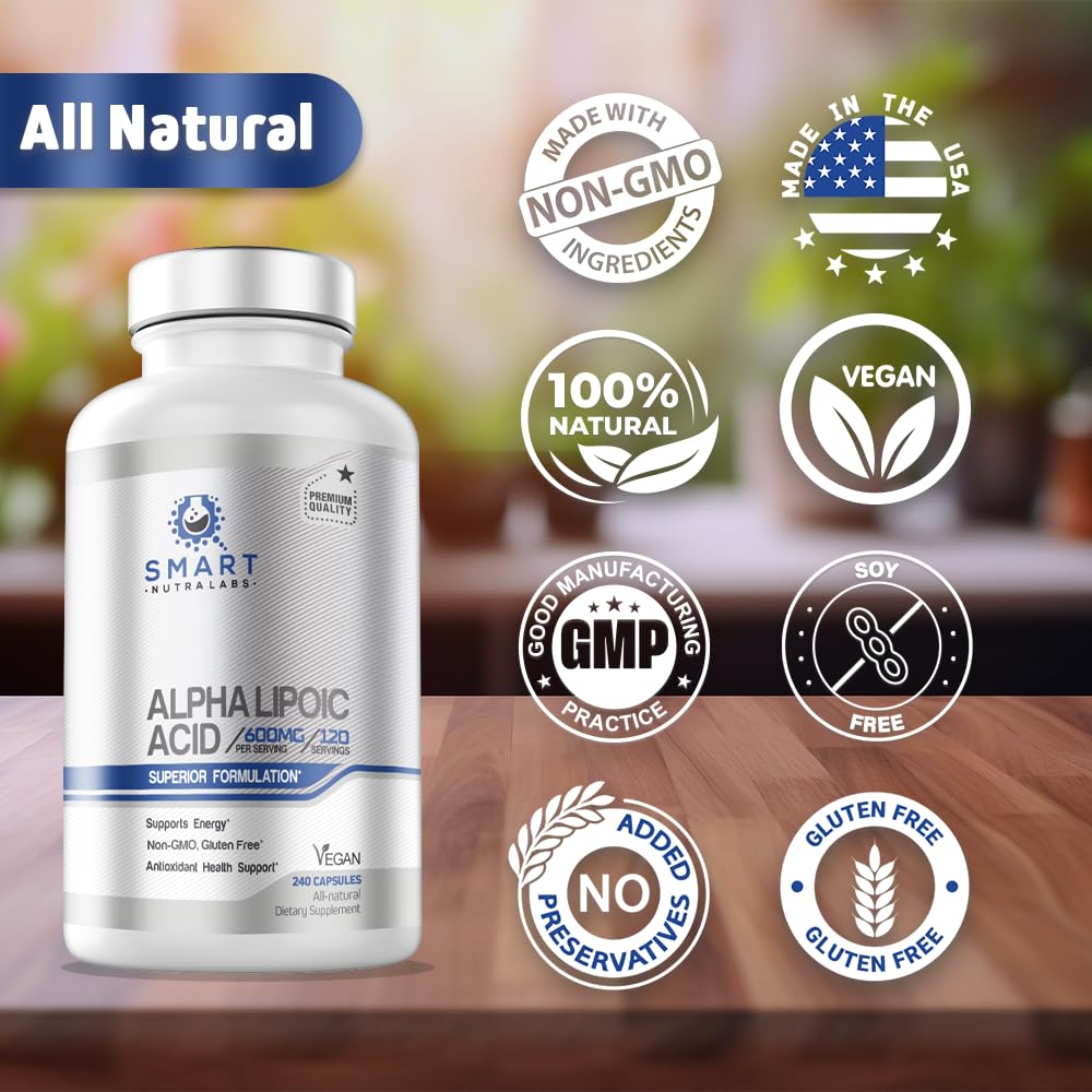 Smart Nutra Labs alfa lipoico 600mg, suministro de cuatro meses para una rutina continua.