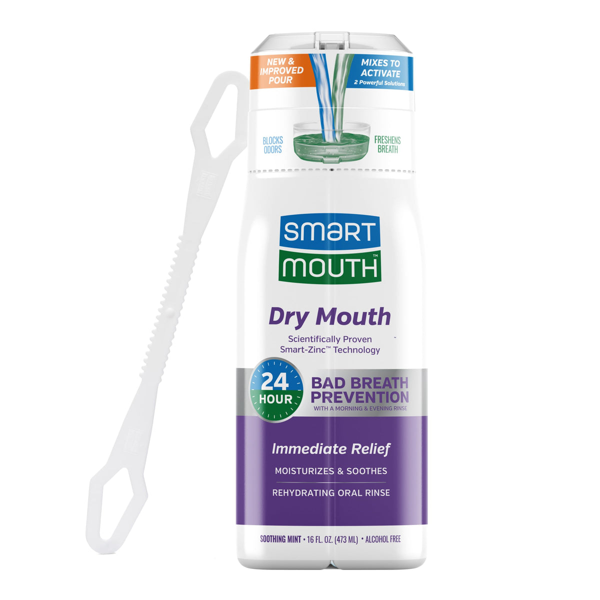 SmartMouth botella de enjuague bucal con menta para frescura duradera.