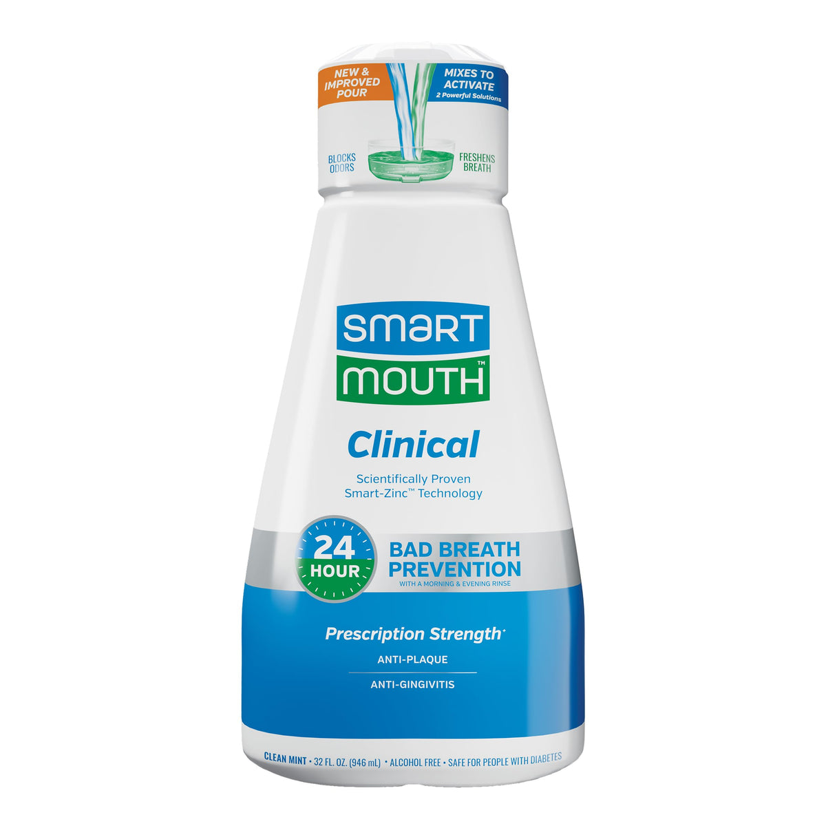 SmartMouth Clinical DDS enjuague bucal en botella de 32 oz para uso diario.
