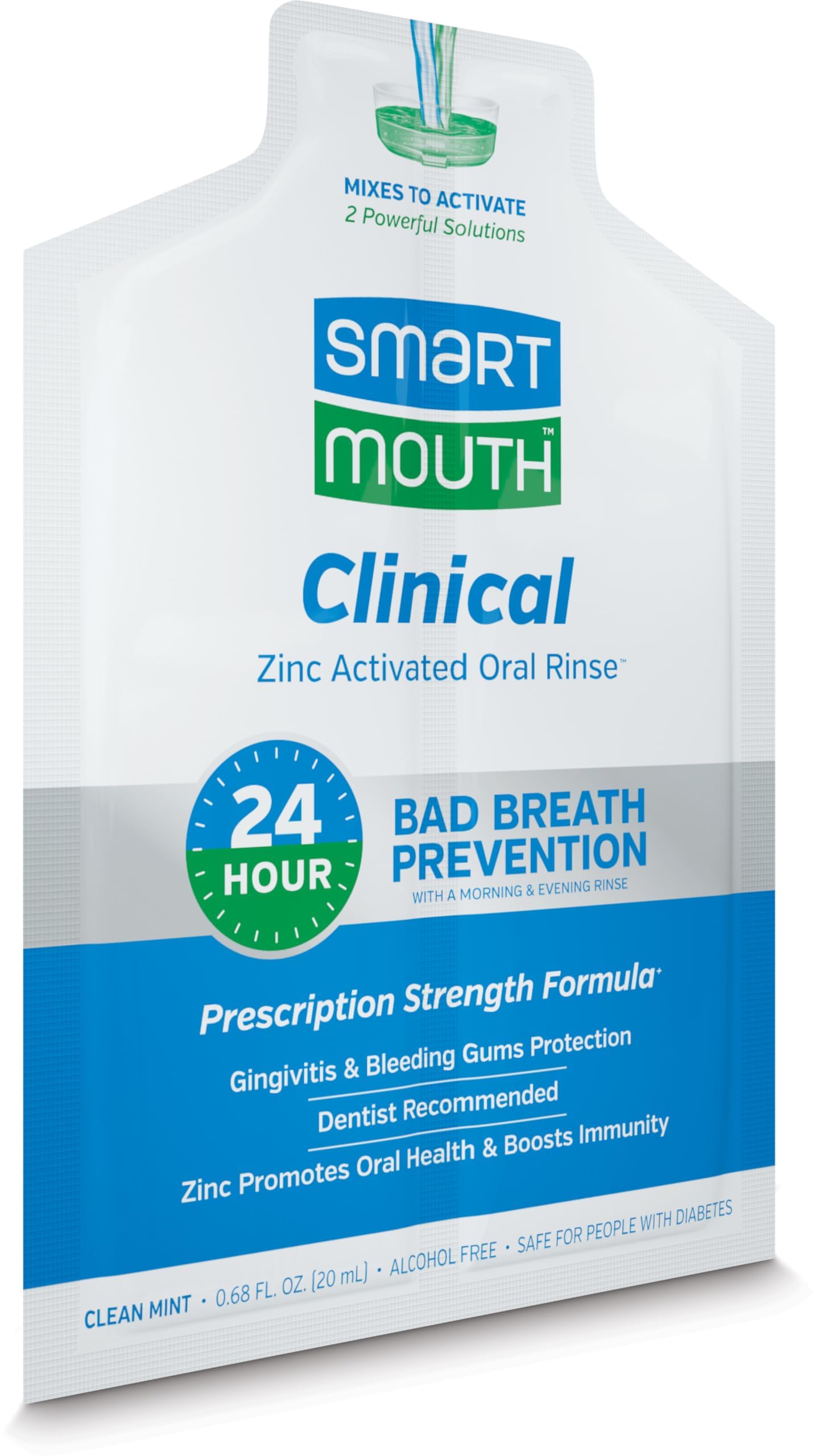 SmartMouth Clinical Rinse botella azul, sabor menta para uso diario.