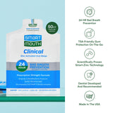 SmartMouth Clinical Rinse etiqueta sin alcohol destaca seguridad sin ardor.