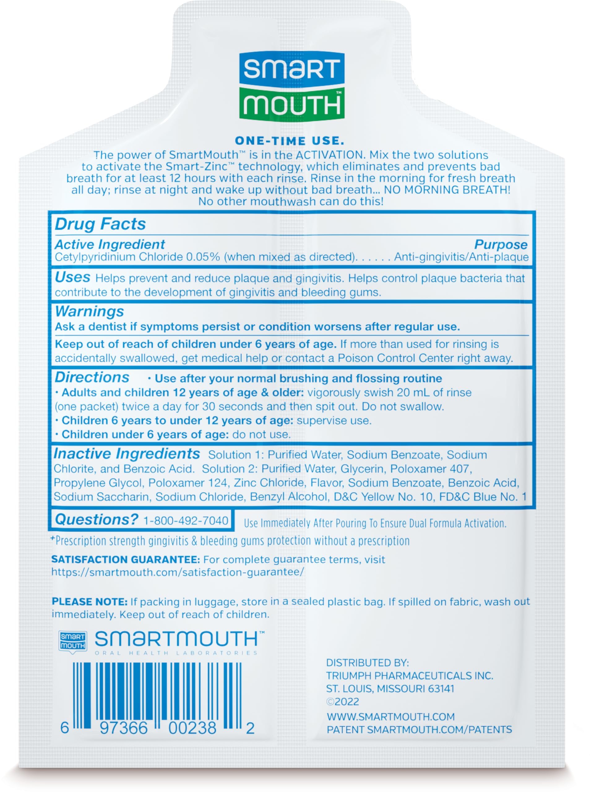 SmartMouth Clinical Rinse detrás del empaque, etiqueta sin alcohol.