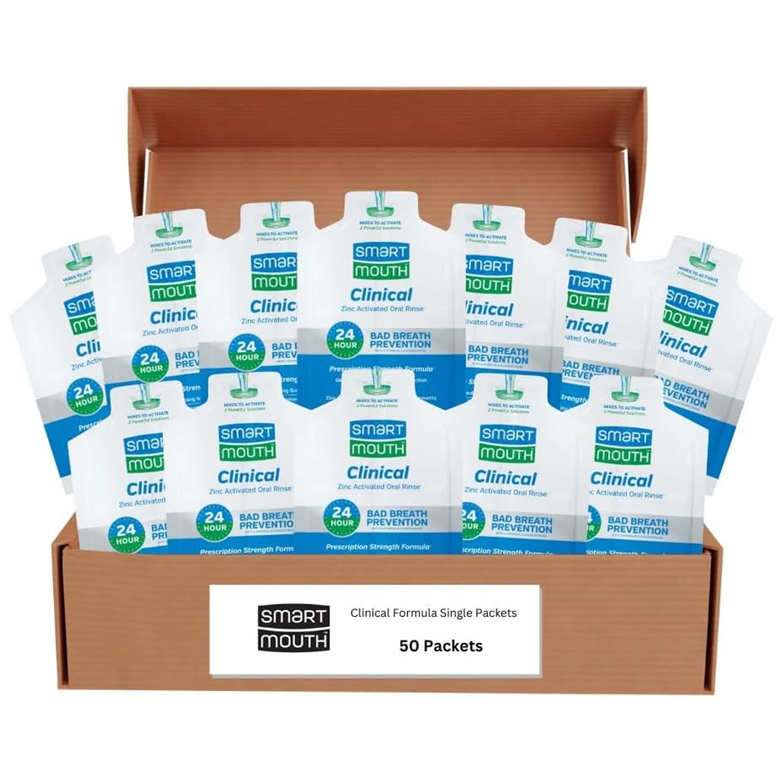 SmartMouth Clinical Rinse frente al empaque de 50, aliento fresco.