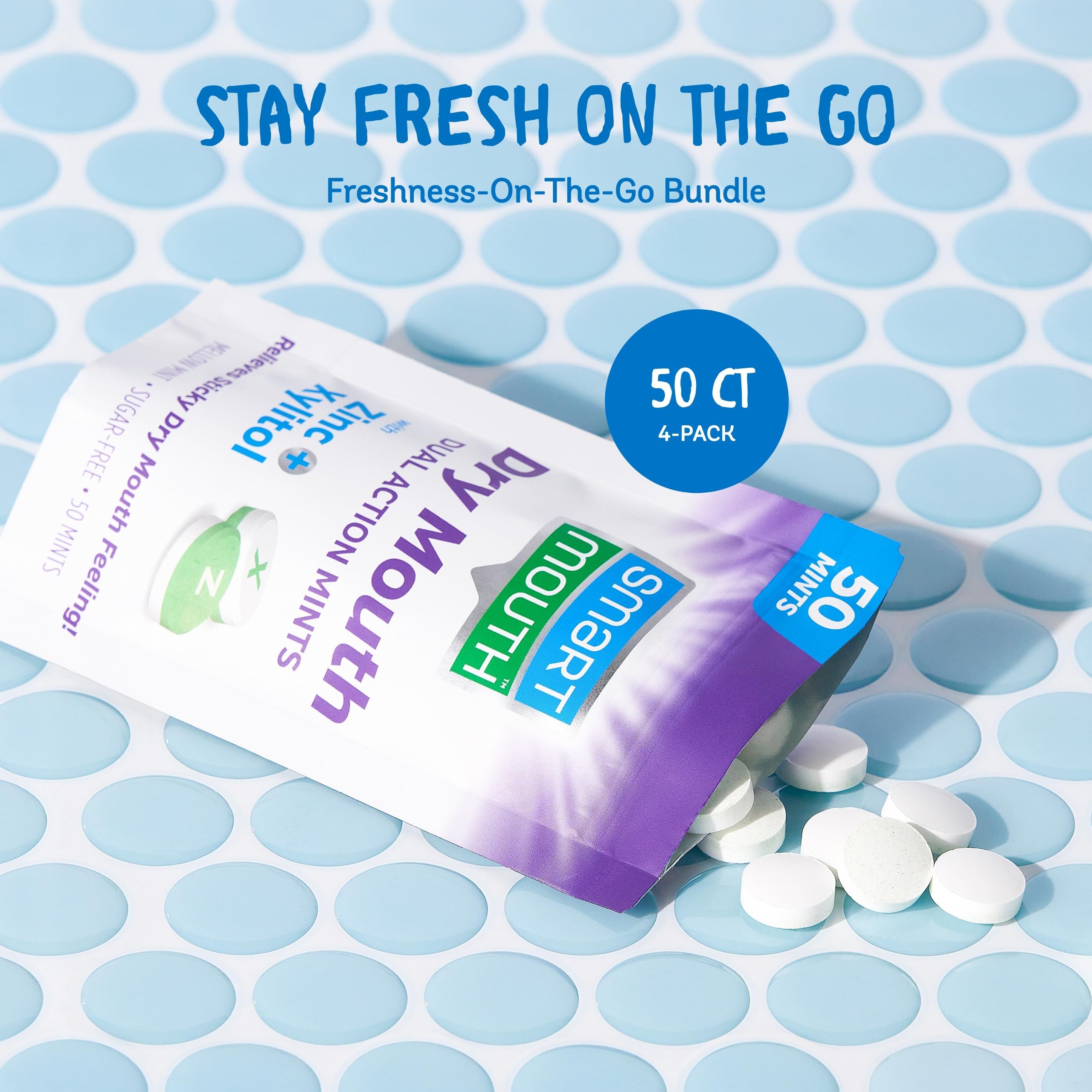 SmartMouth Dry Mouth Dual-Action Mints primer plano y textura suave