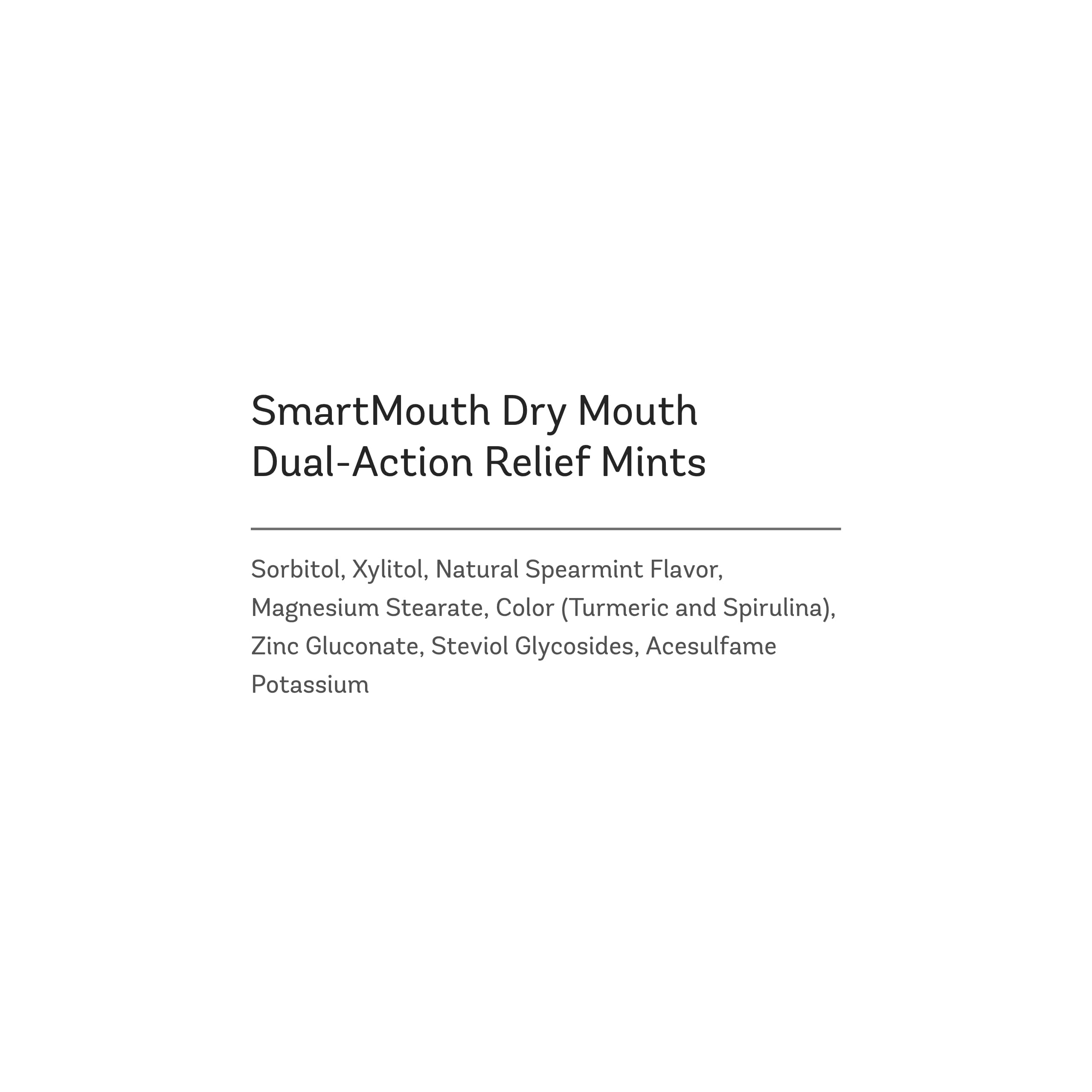 SmartMouth Dry Mouth Dual-Action Mints empaque trasero con detalles de uso