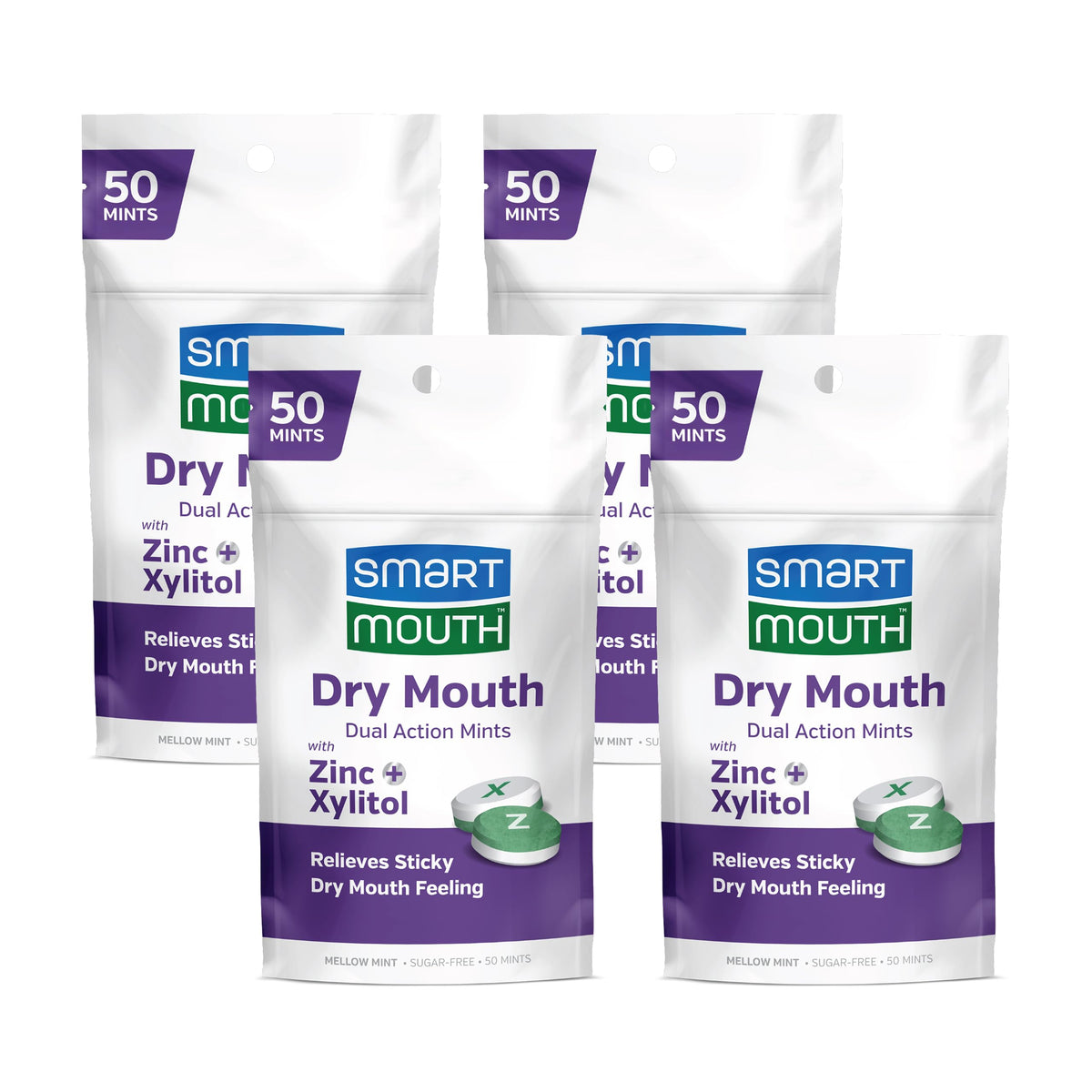 SmartMouth Dry Mouth Dual-Action Mints empaque frontal para aliento fresco diario