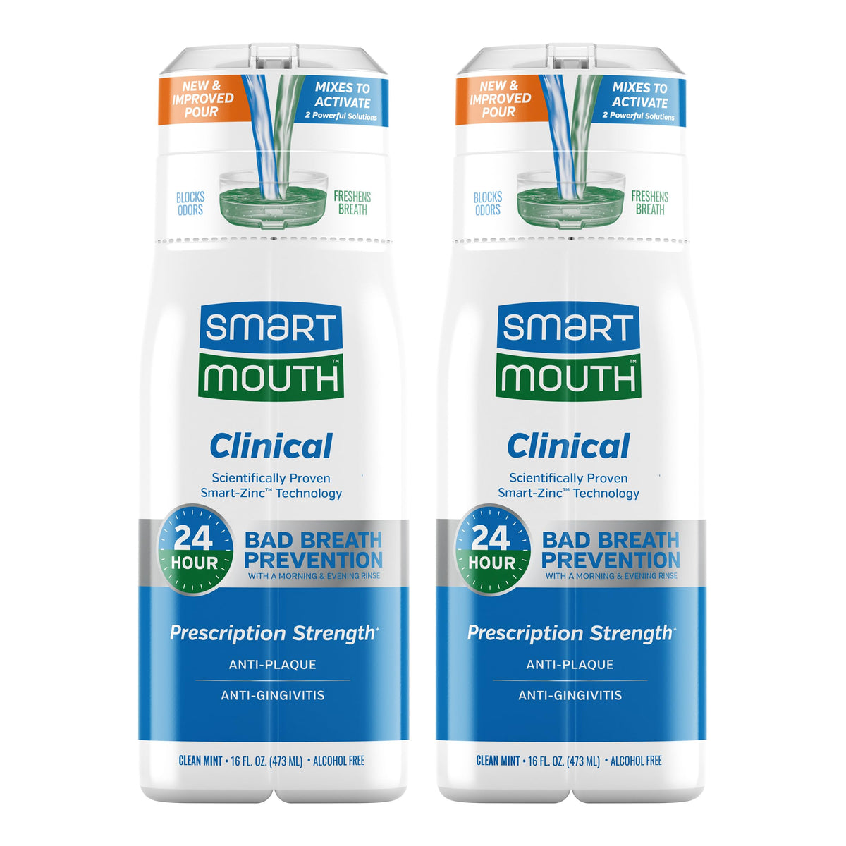 SmartMouth enjuague clínico con zinc, botella visible para higiene bucal