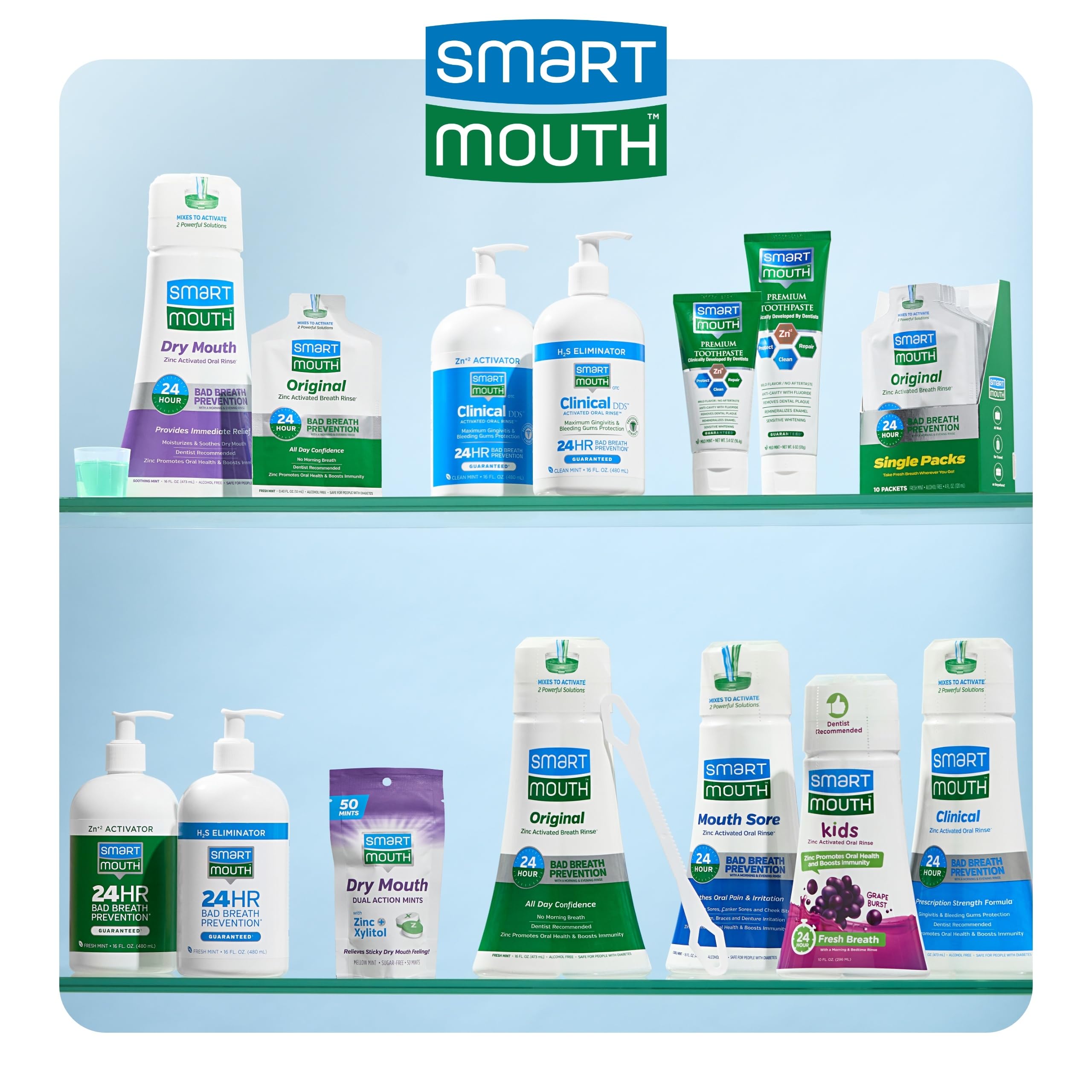 SmartMouth mentas para higiene bucal complementaria con enjuague.