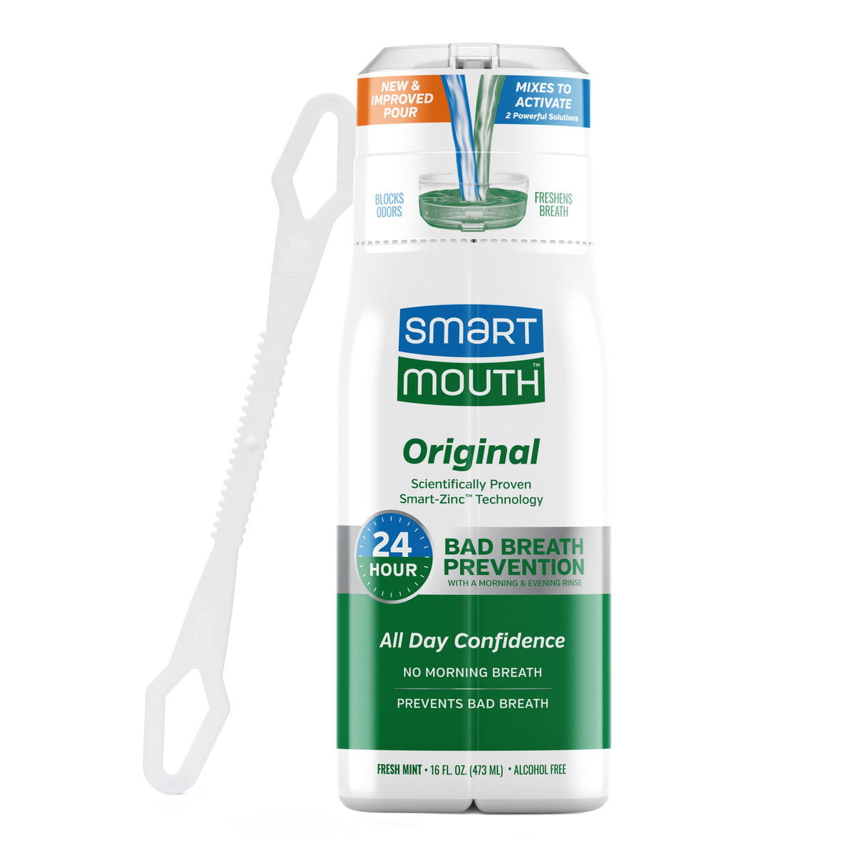 SmartMouth Original enjuague bucal en botella de menta para aliento fresco.