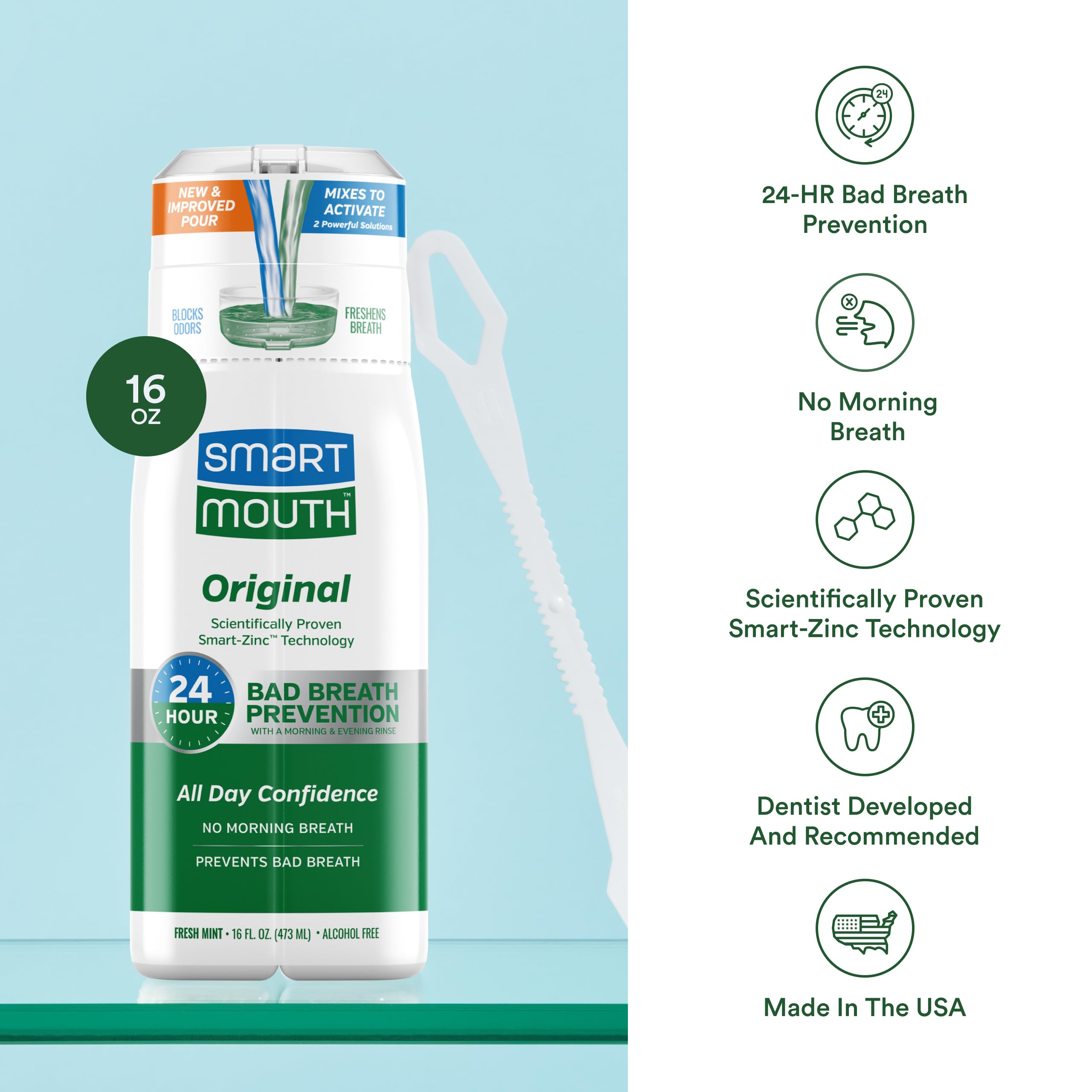 Fórmula sin alcohol de SmartMouth Original sin irritación ni ardor.
