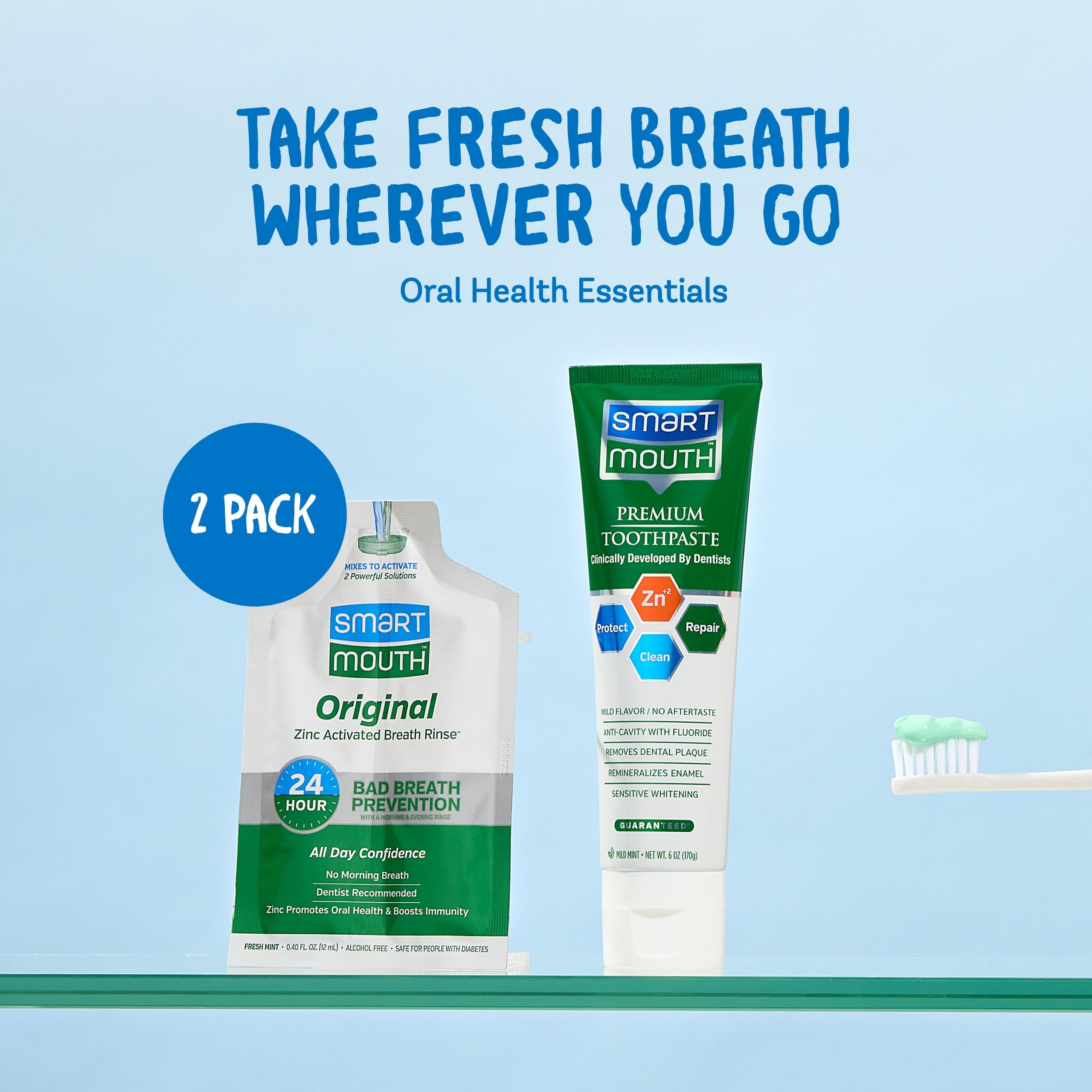 SmartMouth pasta dental zinc-ion, protege contra caries y cuidado diario.