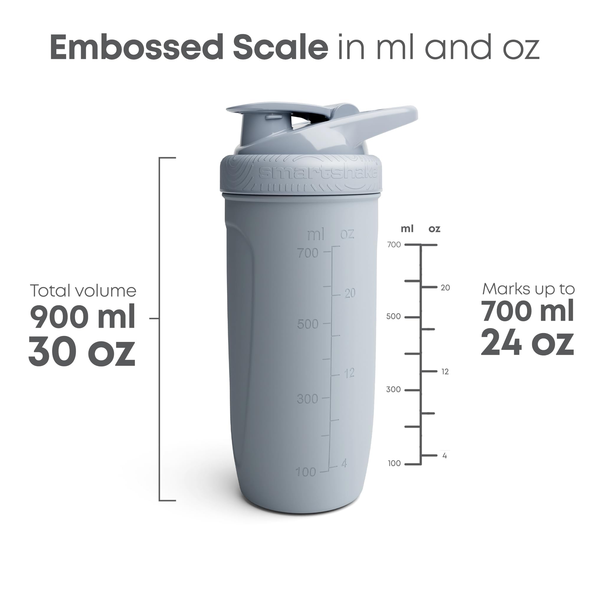 Smartshake con marcadores de medida grabados para dosificar mezclas.