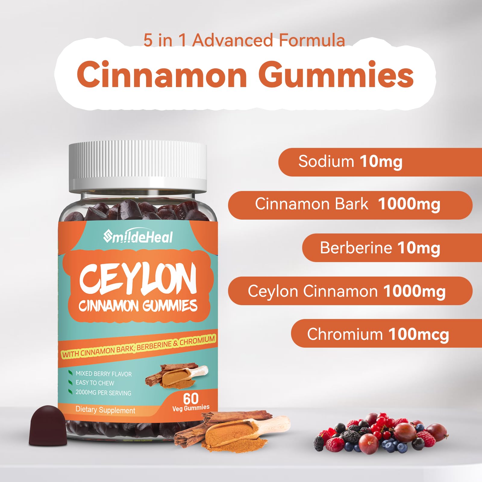 SmildeHeal Canela Ceilán sin azúcar: ingredientes naturales para una experiencia limpia.
