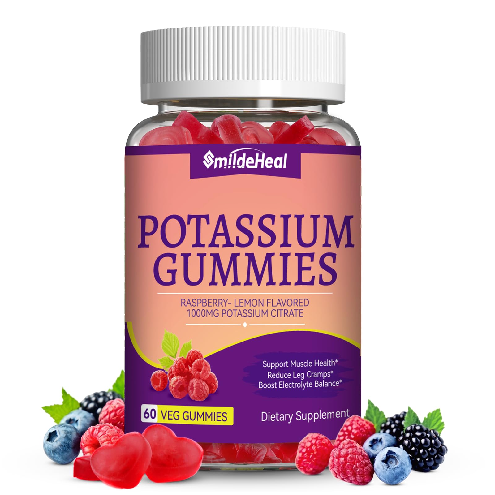 SmildeHeal gomitas potasio 1000mg en botella, apoyo diario al equilibrio de electrolitos.