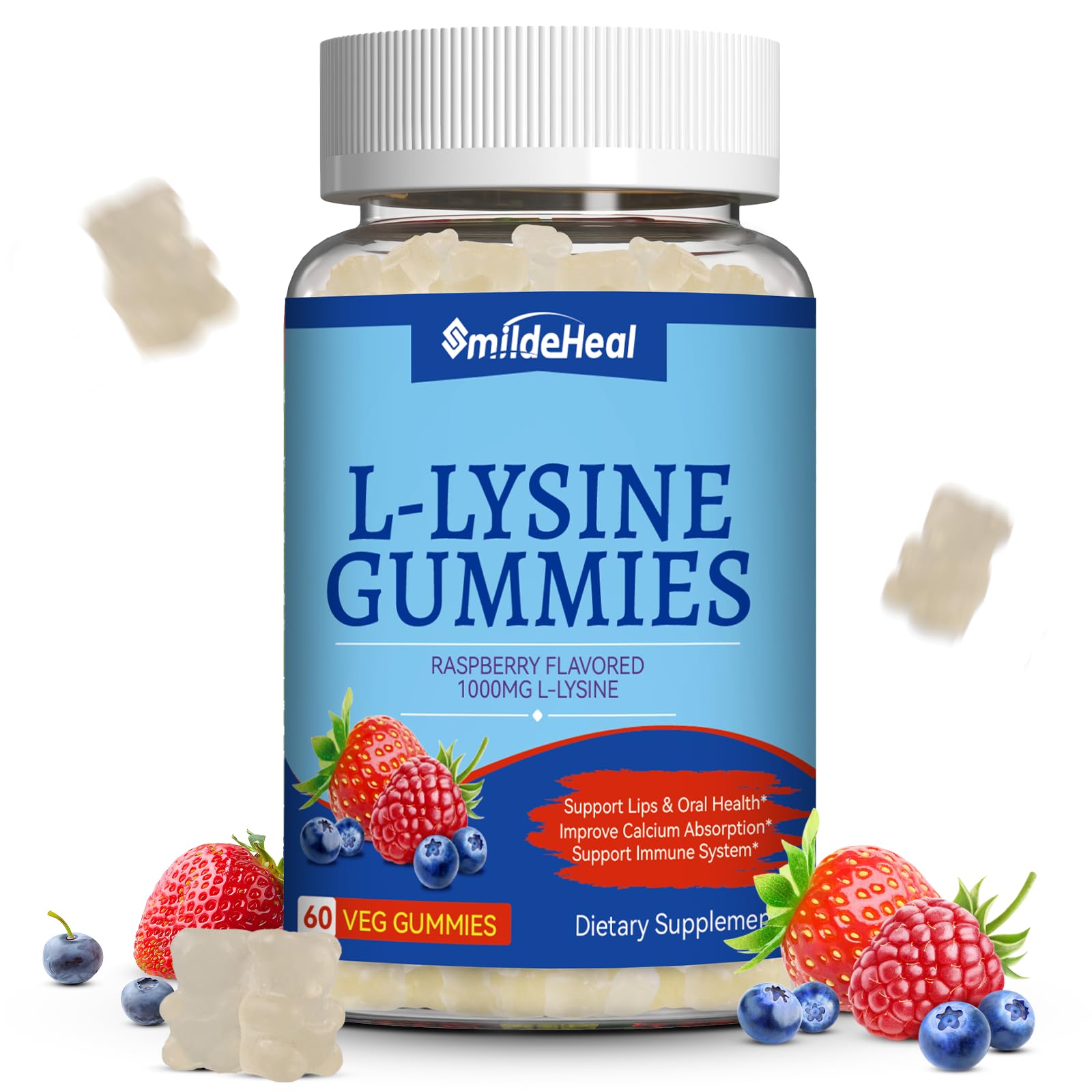 SmildeHeal Lisina 1000 mg gomitas sabor frambuesa natural, apoyo al sistema inmune.