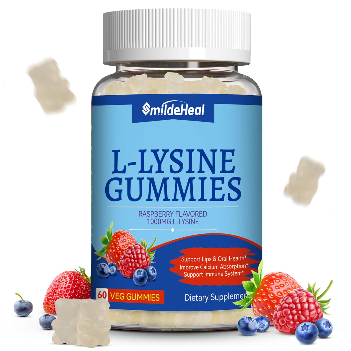 SmildeHeal Lisina 1000 mg gomitas sabor frambuesa natural, apoyo al sistema inmune.