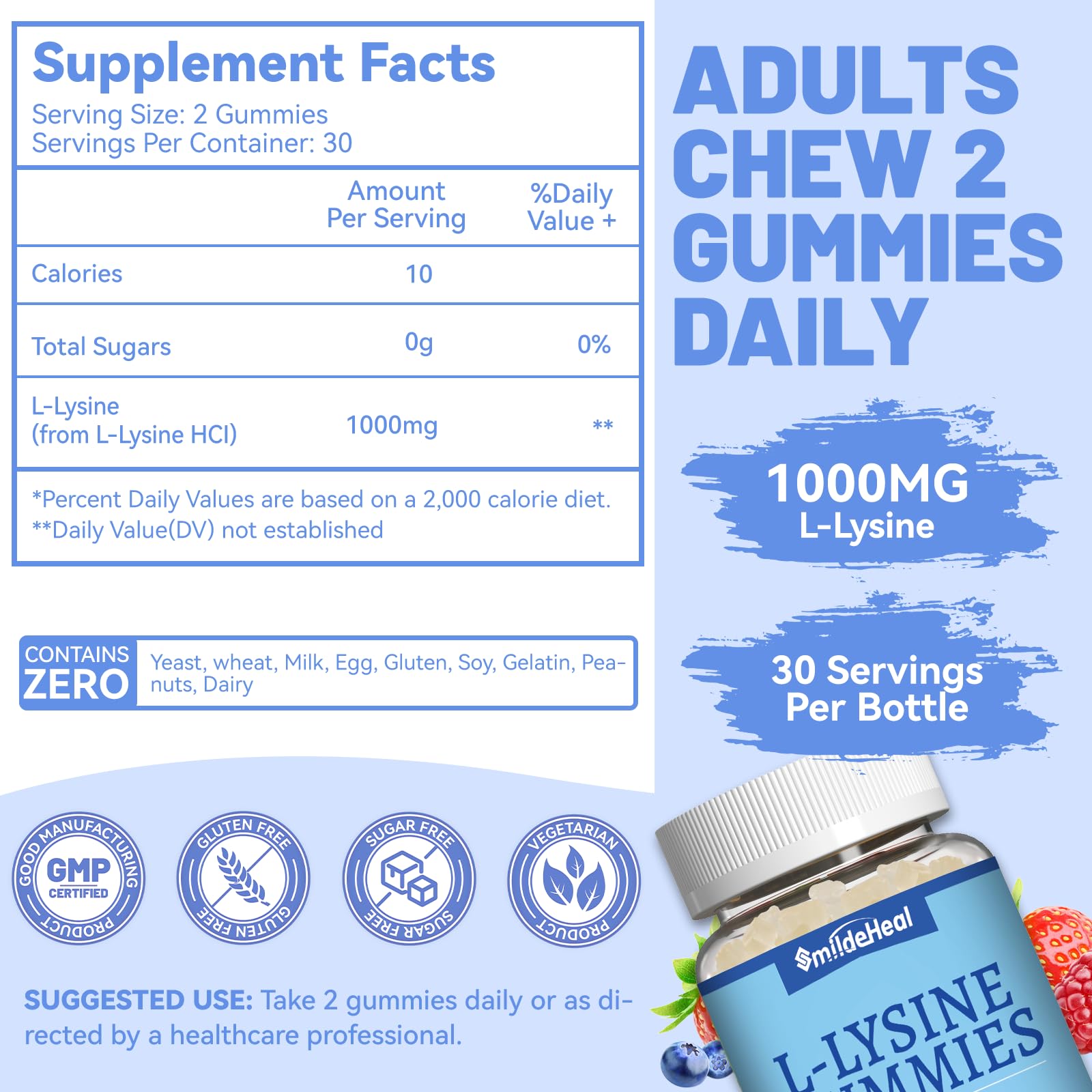 SmildeHeal Lisina 1000 mg gomitas, textura masticable agradable.