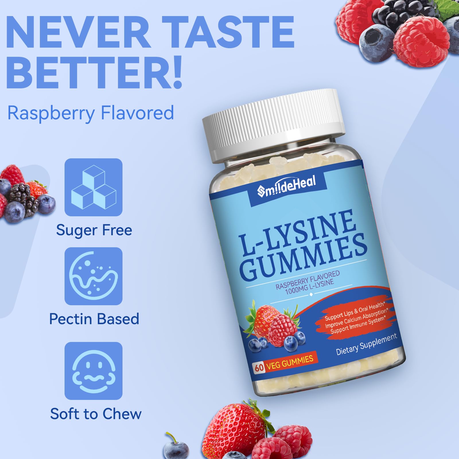 SmildeHeal Lisina 1000 mg gomitas veganas sin gluten.